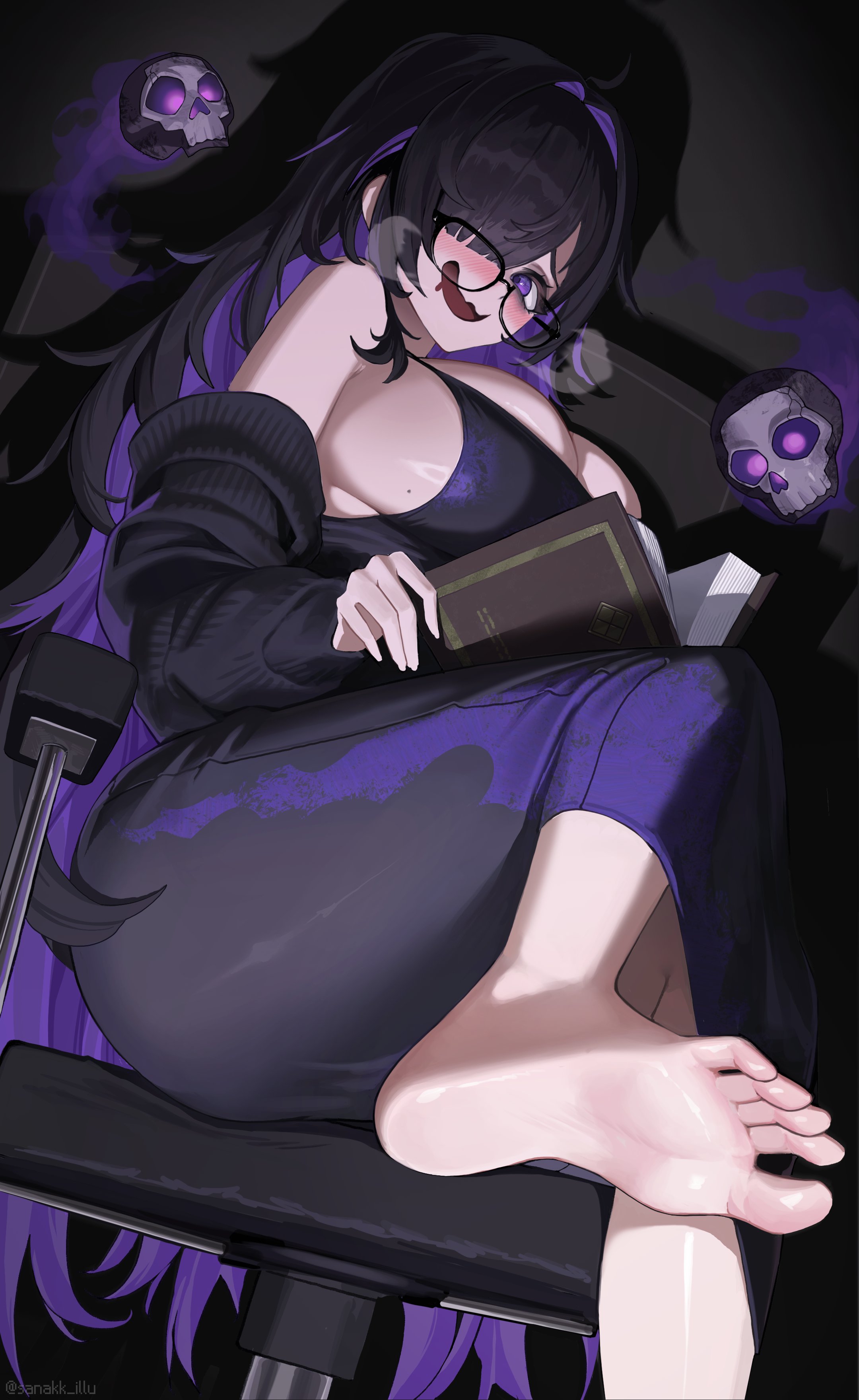 1girls, absurdres, bags under eyes, barefoot, big breasts, black dress, black hair, black-framed eyewear, blush, book, breasts, chair, colored inner hair, commentary, dress, feet, female, floating skull, foot focus, glasses, goddess of victory: nikke, hair over one eye, highres, holding, holding book, label (nikke), large breasts, long hair, looking at viewer, mojyo, mole, mole on breast, multicolored hair, nervous smile, office chair, open book, presenting foot, purple eyes, purple hair, sanakk ilu, sideboob, smile, soles, solo, steam, steam from mouth, swivel chair, symbol-only commentary, toes, two-tone hair
