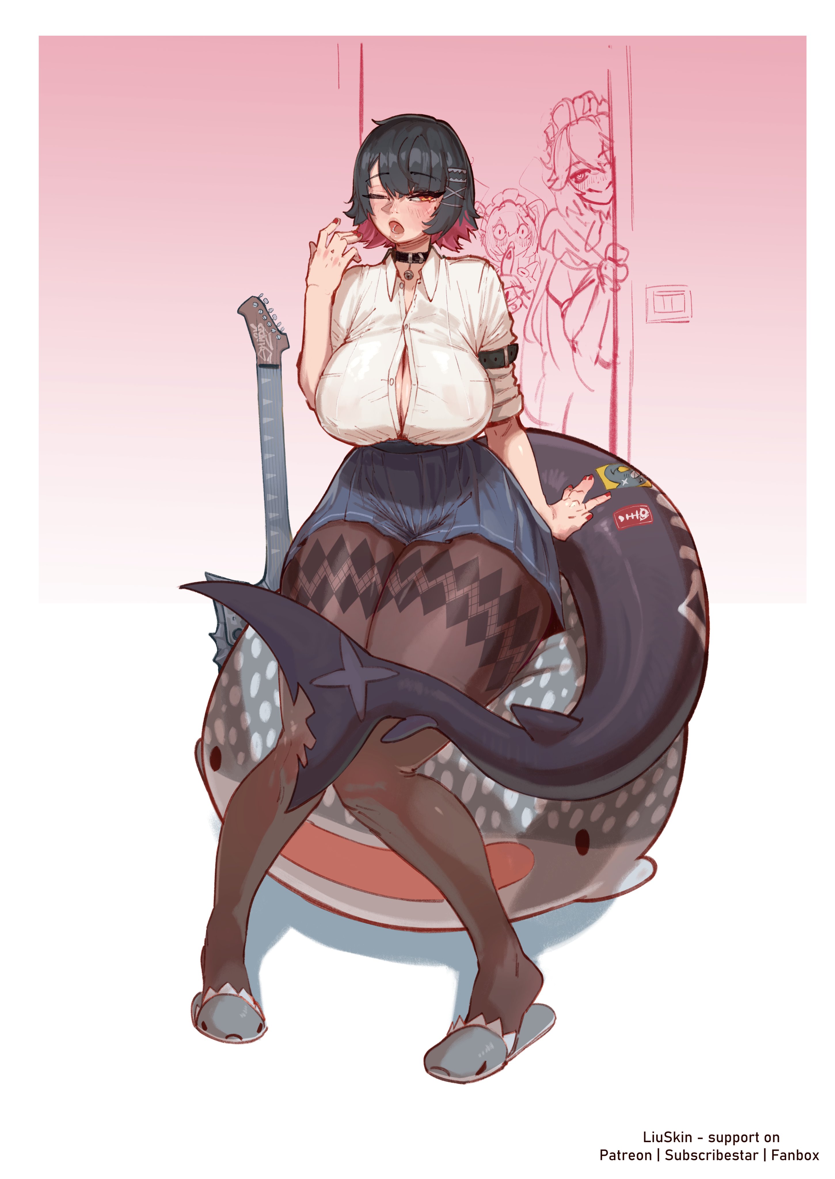 alexandrina sebastiane, big breasts, clothed, colored nails, corin wickes, ellen joe, liuskin, no bra, painted nails, stockings, tagme, thick thighs, unbuttoned shirt, yawn, zenless zone zero