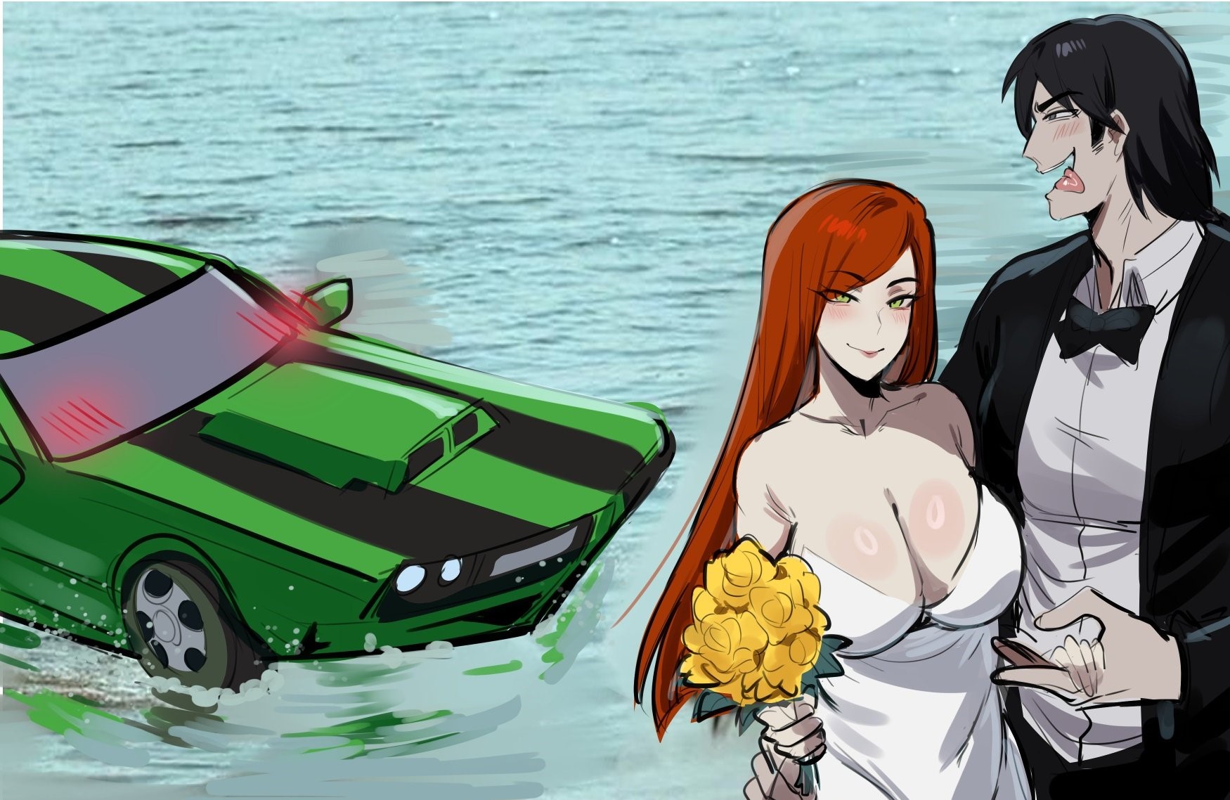 1boy, 1girls, ben 10, ben 10 alien force, black hair, blush, blushing, boquet, boyfriend, boyfriend-girlfriend, canon couple, couple, couple (romantic), female, flower, flowers, funny, girlfriend, green eyes, gwen tennyson, gwen tennyson (alien force), humor, kevin levin, kevin's car, kurenaiz1, long hair, male, marriage, meme, official alternate costume, orange hair, short hair, wedding, wedding dress