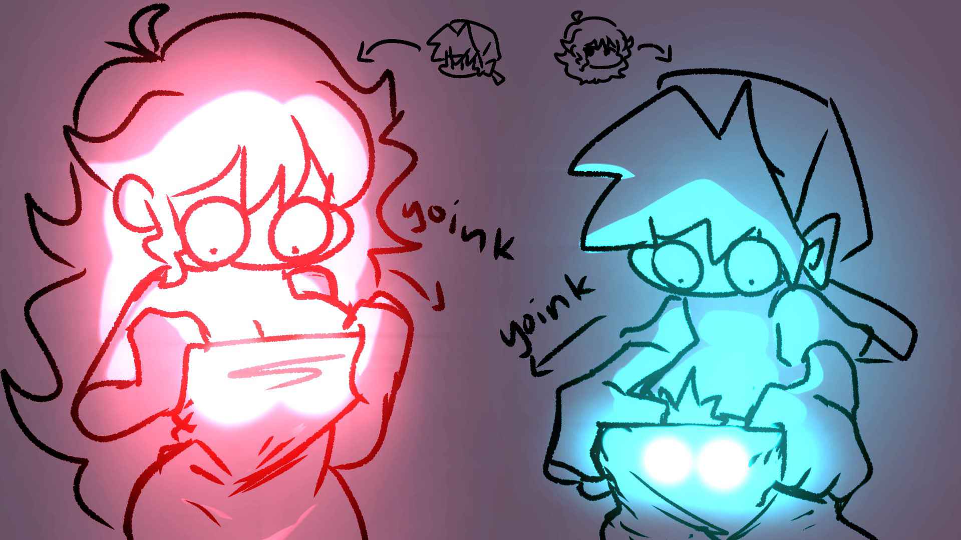 1boy, 1girls, big breasts, body swap, bodyswap, boyfriend (friday night funkin), crotch, friday night funkin, girlfriend (friday night funkin), glowing, glowing balls, glowing breasts, glowing genitalia, holy shit, monochrome, pubic hair, pubic hair peek, replacement, surprise, surprised, text, yoink