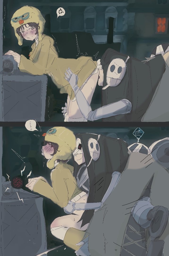 2girls, annoyed expression, blush, cipher machine, covering mouth, cunnilingus, female only, female/female, femdom, frustrated, grabbing from behind, identity v, mostly clothed, no dialogue, oral, oral sex, questionable consent, tagme, tagme (artist), tracy reznik, unwanted sex, violetta (identity v), yuri