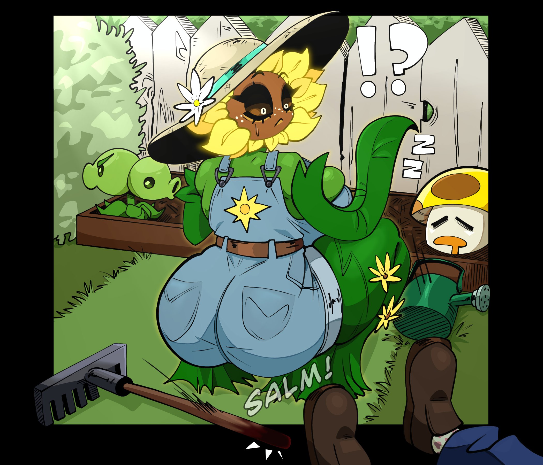 1girls, anthro, anthrofied, big breasts, breasts, cleavage, electronic arts, female, flora fauna, gallo wazavi, huge breasts, overalls, peashooter (pvz), plant, plant girl, plant humanoid, plants vs zombies, plants vs. zombies, popcap games, split pea (pvz), sun-shroom (pvz), sunflower (pvz), zombie (pvz)