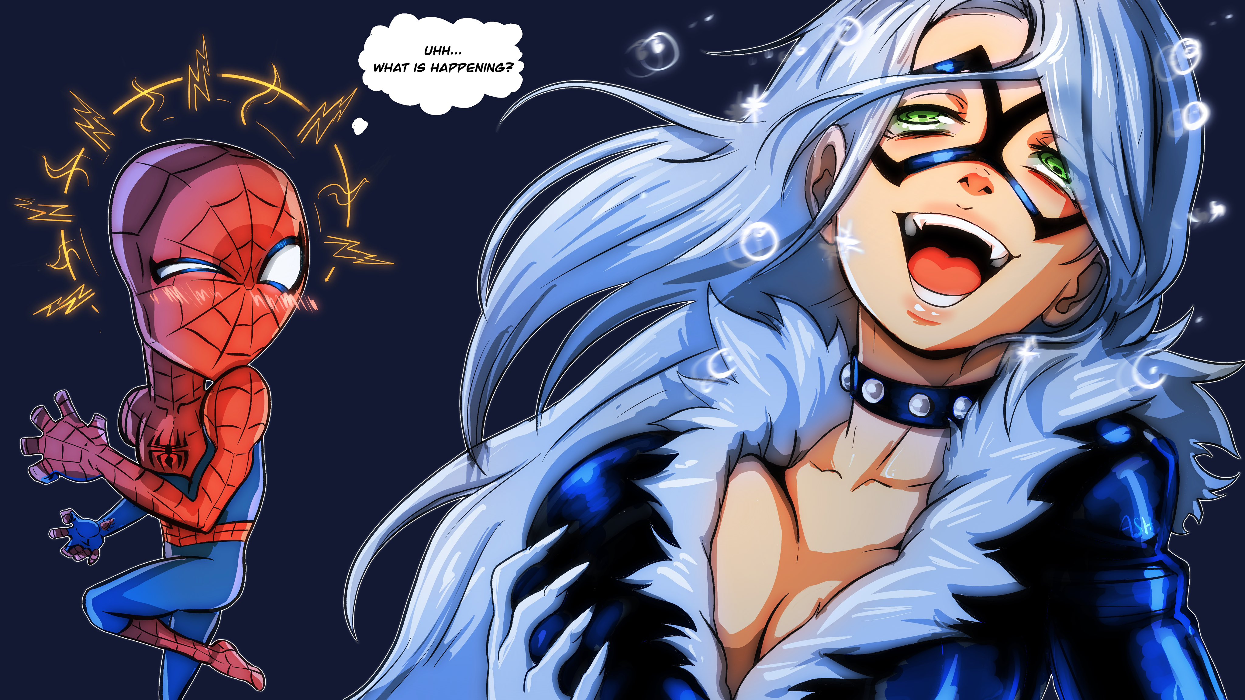 1boy, 1boy1girl, 1girl1boy, 1girls, 2026, ahe gao, ahegao face, big breasts, black cat (marvel), blush, blush lines, blushing male, bodysuit, breasts, choker, city boy, collar, color, colored, couple, couple (romantic), couple love, couples, cute fangs, domino mask, eyemask, fangs, felicia hardy, female, fleurashdesign, grabbing breast, grabbing own breast, green eyes, hand on breast, hand on own breast, high resolution, highres, huge breasts, large breasts, light skin, light-skinned female, love, lovers, male, marvel, marvel comics, mask, masked, masked female, massive breasts, meme, meme reference, open mouth, peter parker, pinup, romantic, romantic couple, seductive, seductive look, seductive pose, shiny, shiny breasts, shiny clothes, shiny skin, skin tight, spider-man, spider-man (series), superhero, superhero couple, superheroine, text, text bubble, thick breasts, tight clothes, tight clothing, voluptuous, voluptuous female, white hair, yumeko grabbing her breast
