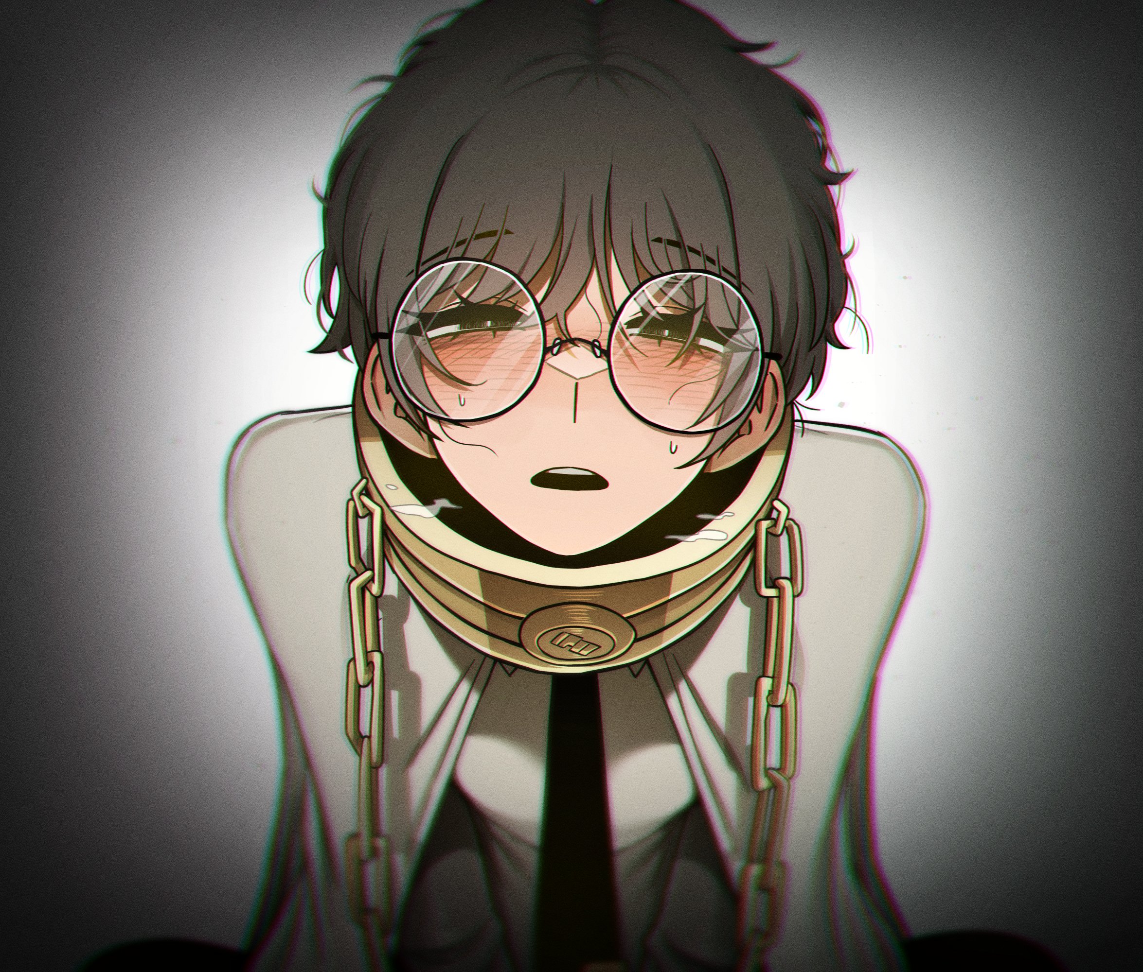 big glasses, black hair, black iris, blush, breathing, cape, chains, chromatic aberration, collar, eyebrows raised, eyebrows visible through hair, glasses, handcuffs, heavy breathing, index, limbus company, looking at viewer, looking up, messy hair, misg1111, open mouth, pov, pov eye contact, project moon, round glasses, sfw, shirt, sitting, sora (limbus company), squint, steamy breath, sweat, tie, unethical faps
