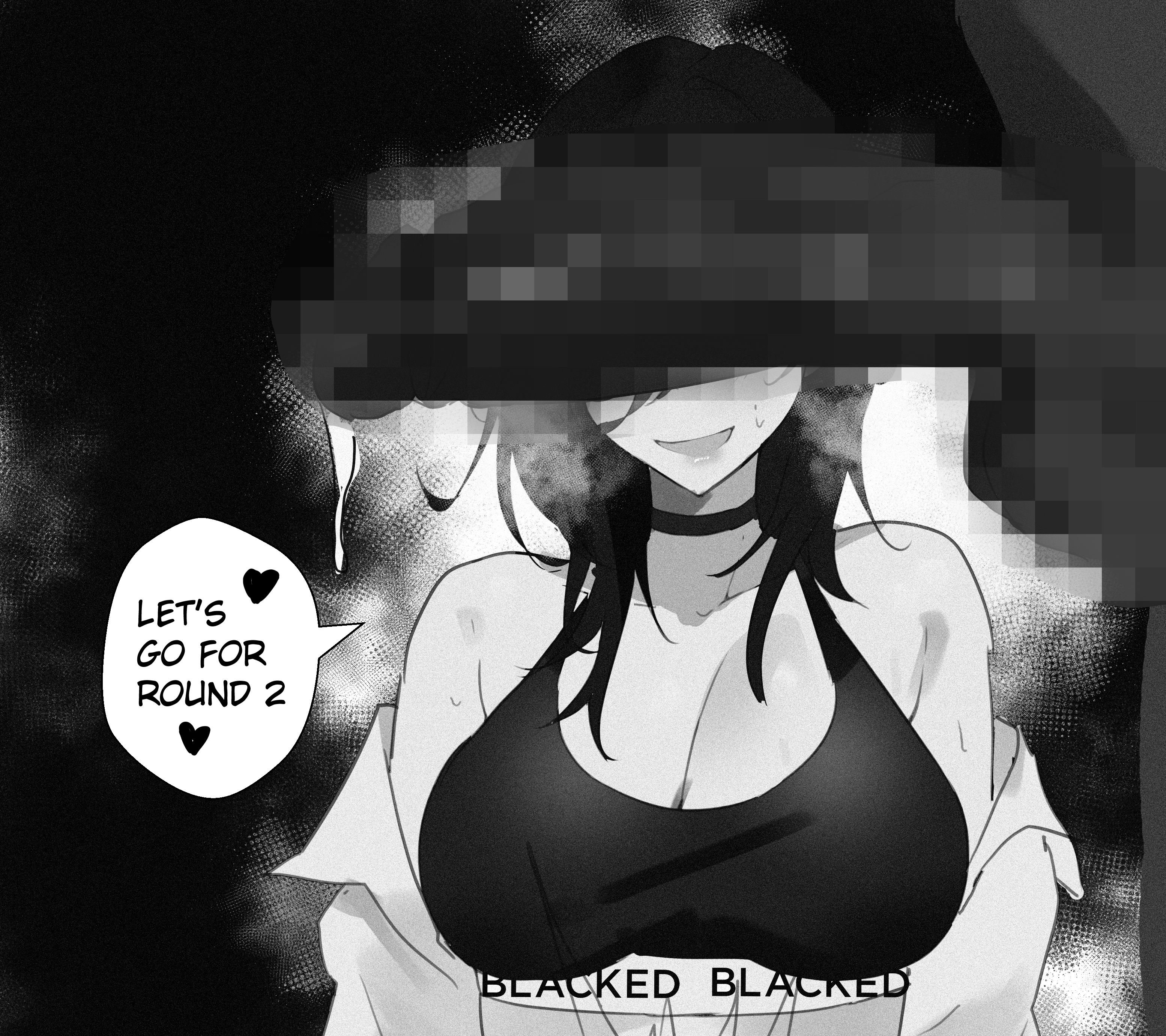 absurdres, after sex, animeattics, blacked female, breasts, censored, covered eyes, cum, dark skin, dark-skinned male, english text, female, heart, highres, ishimi yokoyama, large breasts, medium hair, naughty face, netorare, original, penis awe, race fetishism, speech bubble, sports bra, text
