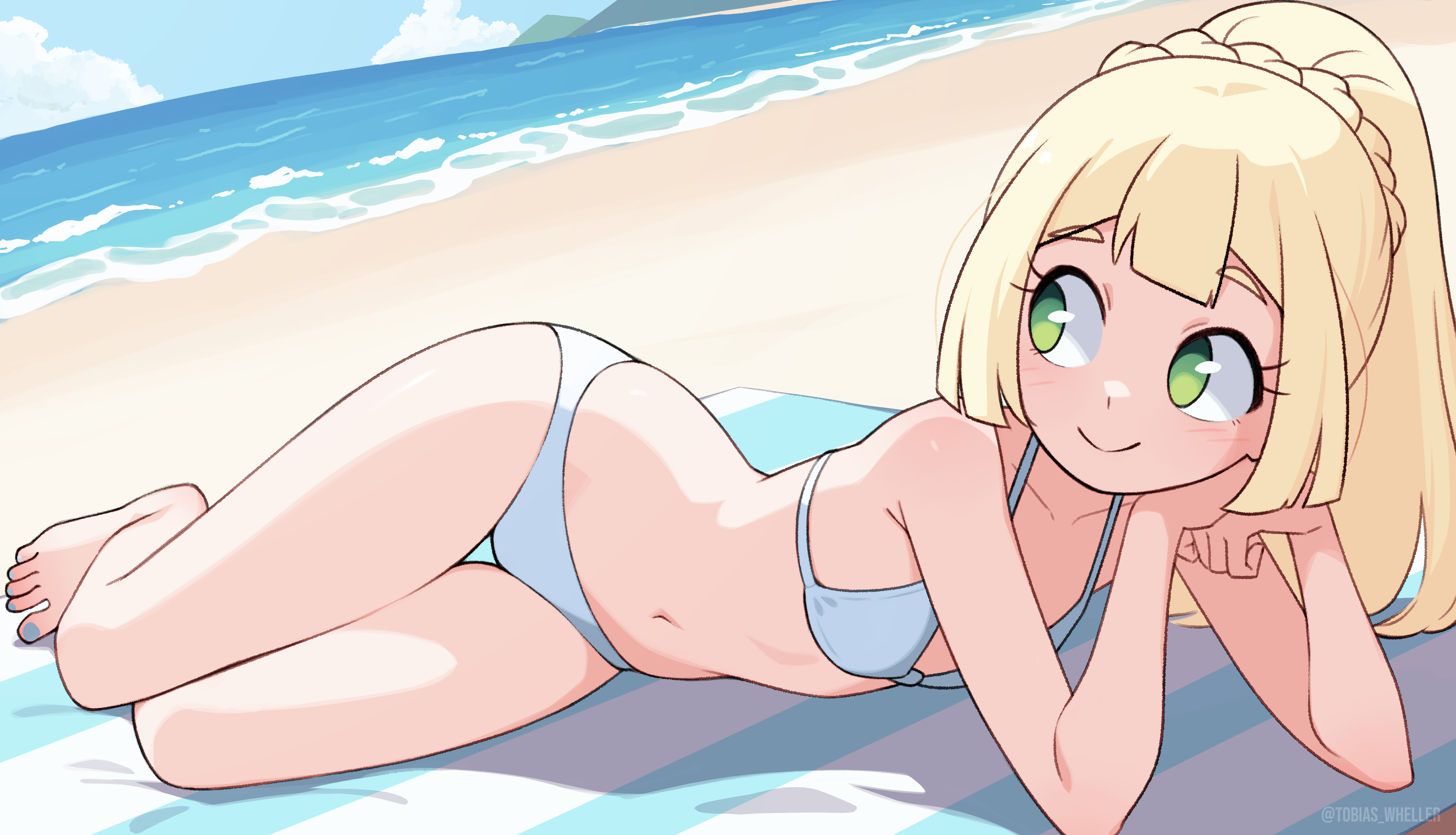 absurdres, bare arms, bare legs, bare shoulders, barefoot, beach, bikini, blonde hair, blue nails, braid, breasts, closed mouth, commentary, crown braid, day, elbow rest, english commentary, female, green eyes, highres, lillie (pokemon), long hair, lying, navel, nintendo, outdoors, pokemon, pokemon (anime), pokemon sm (anime), small breasts, smile, solo, swimsuit, thigh gap, tobias wheller, viewfinder, water, white bikini