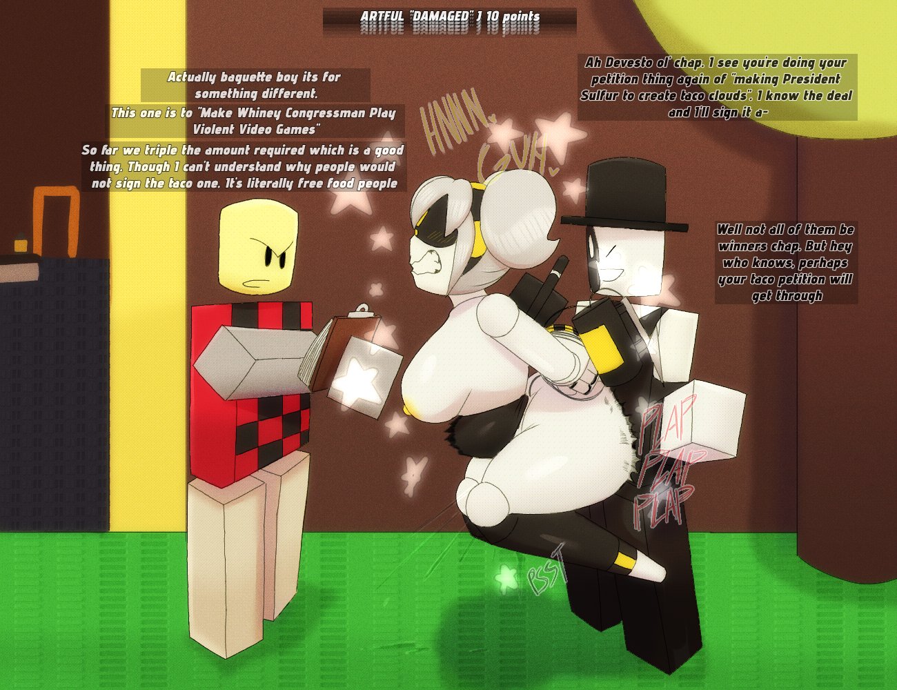 1girls, 2boys, 2d, abrahamslapper, areolae, arms behind back, artful (die of death), blocky body, breasts, breasts out, bulge, clothed male, crossover, devesto, dialogue, die of death (roblox), duo, english text, female, high resolution, hyper ass, j (murder drones), male, male/female, motion blur, murder drones, nipples, nude, nude female, onomatopoeia, plap, pussy juice, reverse stand and carry position, roblox, roblox game, robloxian, sex, squirting, stand and carry position, stomach bulge, tagme, teeth clenched, text, text box, yellow nipples