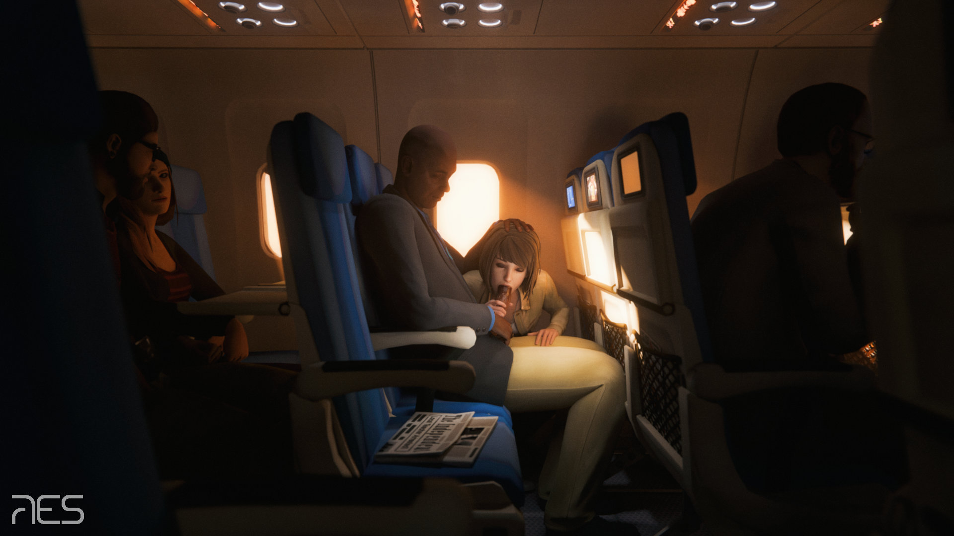 1boy, 1girls, 3d, age difference, airplane, airplane interior, bald, bald male, big penis, brown hair, brunette, dark skin, dark-skinned male, erection, fellatio, hand on another's head, human, human female, human male, human only, interracial, interracial sex, lesbian with male, life is strange, light skin, light-skinned female, max caulfield, oblivious, old male, older male, older male and younger female, open fly, penis, penis out, principal, public, public sex, raymond wells, res (artist), stealth sex, teacher and student, unaware, witcherres, young, young female, younger female