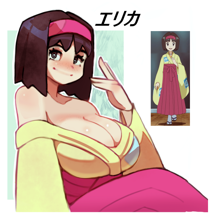 1girls, bangs, bare shoulders, big breasts, black hair, blockyhaze, blush, breasts, cleavage, erika (pokemon anime), erika (pokemon frlg), erika (pokemon), female, female only, gym leader, headband, japanese clothes, japanese text, kimono, large breasts, nintendo, off shoulder, pokemon, pokemon (anime), pokemon frlg, pokemon journeys, pokemon rgby, reference image, screencap, short hair, smile, solo, solo female, tagme
