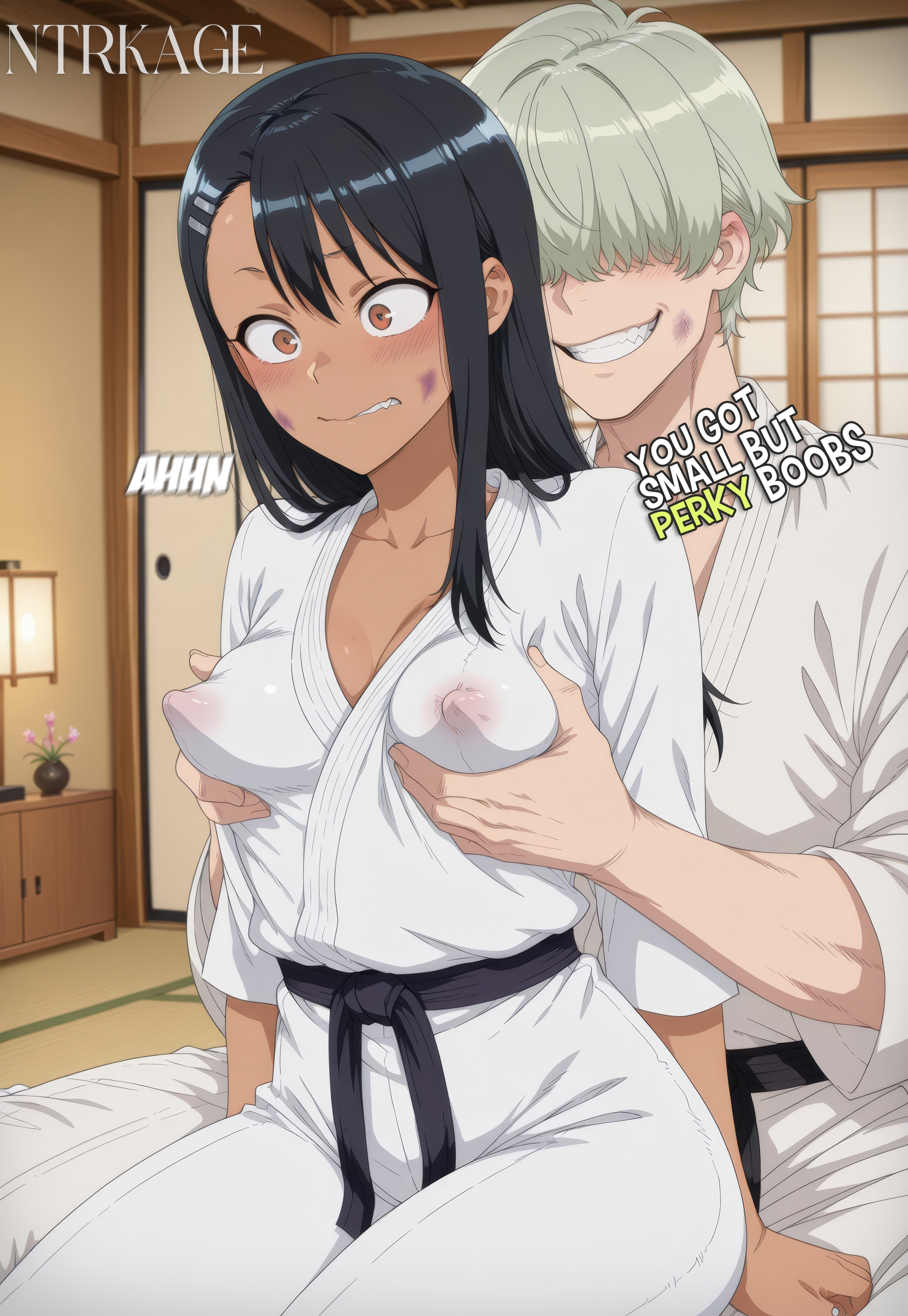 1boy, 1girls, ai generated, breast grab, bruise, cheating, comic, comic page, curvy hips, dojo, english text, evil smile, hair between eyes, hayase nagatoro, hi res, highres, karate outfit, netorare, nipple bulge, nipples, nipples visible through clothing, ntrkage, original character, petite, please don't bully me, nagatoro, slim waist, small breasts, zoster