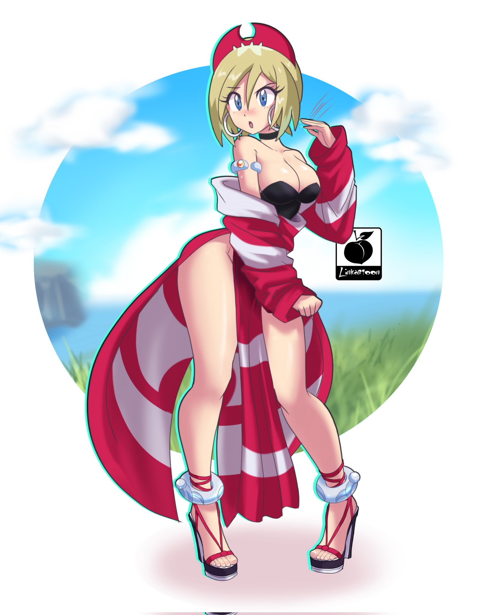 1girls, adapted costume, big breasts, blonde hair, blue eyes, breasts, cleavage, earrings, female, hairband, high heel sandals, high heels, highres, hoop earrings, irida (pokemon), jewelry, leg wrap, linkartoon, nintendo, open toe footwear, open toe heels, open toe shoes, pokemon, pokemon legends: arceus, red hairband, sandals, shirt, solo, strapless, strapless shirt, waist cape