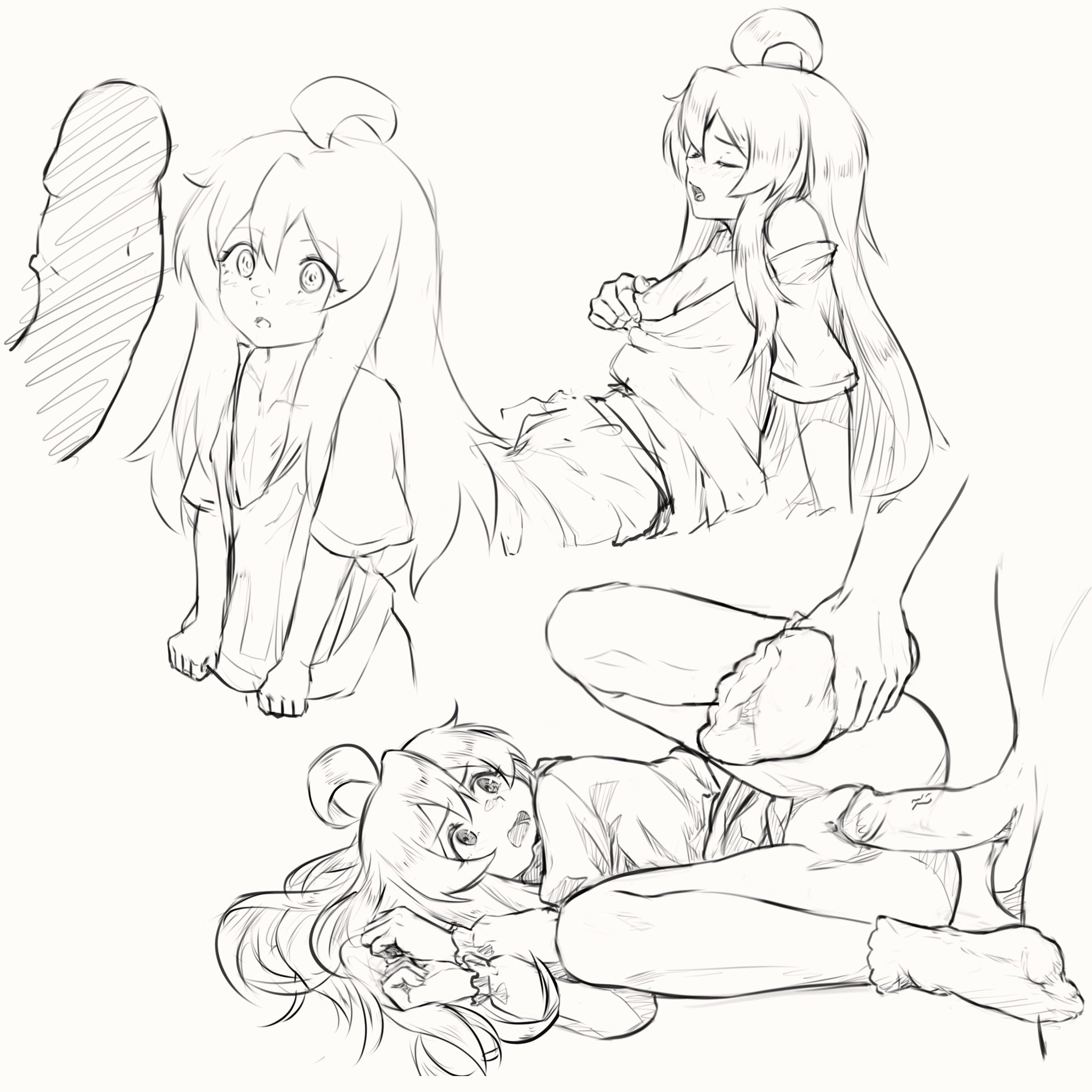 1boy, 1girls, ahoge, black and white, bottomless, chernyyvo, closed eyes, eyes open, feet, foot grab, from above, from side, grabbing, grabbing feet, hands together, legs spread, looking at penis, lying, onii-chan wa oshimai!, open mouth, oyama mahiro, penetration, penis, pulling shirt, pussy, removing clothing, scrotum, shirt, shirt only, shorts, sitting, small breasts, socks, spread legs, vaginal penetration