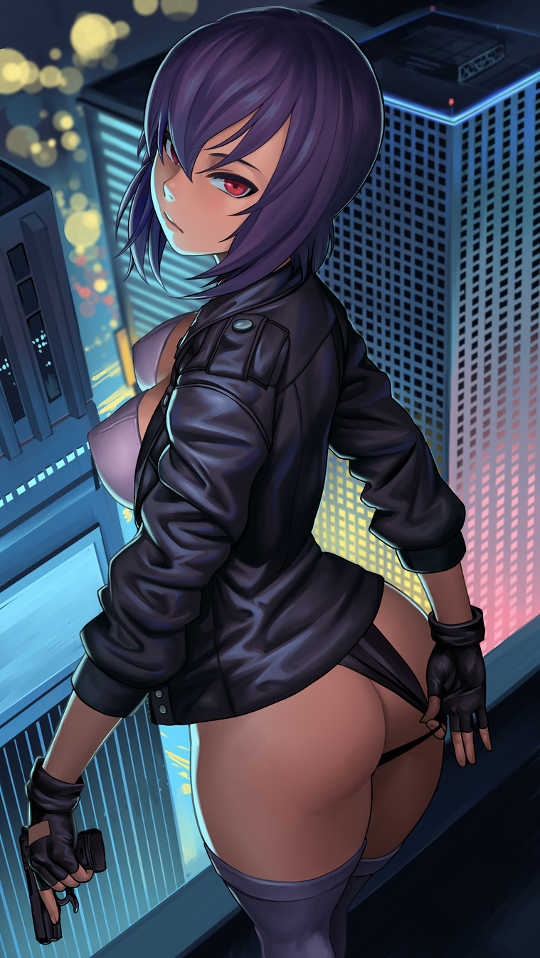 1girls, 5 fingers, arched back, ass, big breasts, black gloves, blush, breasts, busty, city, cleavage, clothed, clothes, clothing, clothing aside, color, colored, curvaceous, curvy, cyborg, detailed background, exposed ass, female, female focus, female only, fingerless gloves, firearm, ghost in the shell, ghost in the shell stand alone complex, gloves, gun, hair, handgun, handwear, holding gun, holding object, holding weapon, horny, hourglass figure, huge breasts, human, humanoid, inviting to sex, jacket, kusanagi motoko, large breasts, lasterk, legwear, leotard, long hair, looking at viewer, looking back, night, open eyes, outdoors, outerwear, outside, pale skin, panties, pistol, public, purple hair, red eyes, short hair, solo, solo female, solo focus, standing, thighhighs, thin waist, thong, thong aside, thong leotard, uncensored, voluptuous, weapon