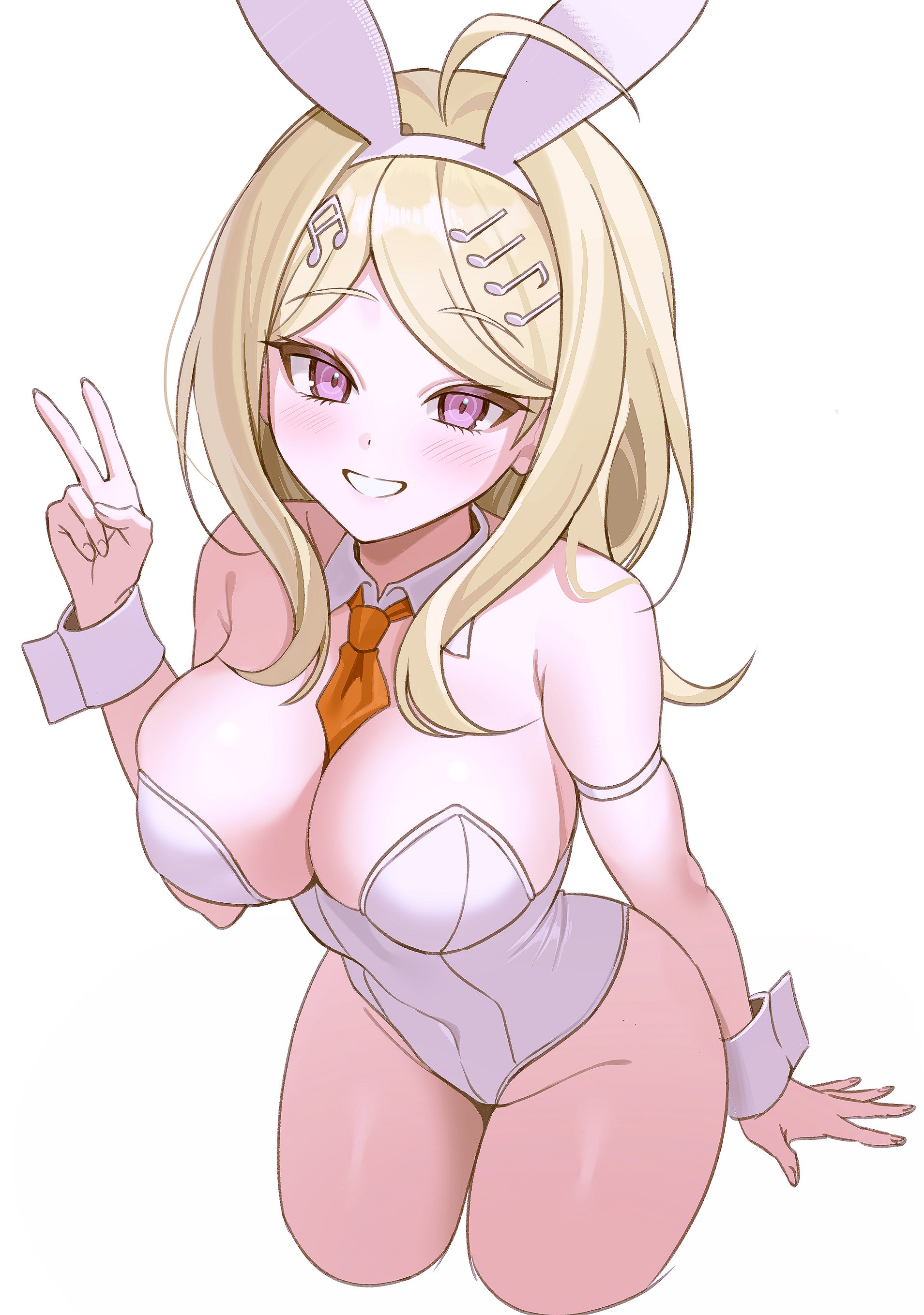 1girls, absurdres, ahoge, akamatsu kaede, animal ears, armband, bare shoulders, blonde hair, blush, breasts, bunny ears, bunnysuit, cleavage, curvy, danganronpa, danganronpa v3, detached collar, fake animal ears, female, female only, fortissimo, grin, hair ornament, highleg, highleg leotard, highres, keke (xfxyuio), large breasts, leaning forward, leotard, long hair, looking at viewer, musical note, musical note hair ornament, necktie, orange necktie, pink eyes, playboy bunny, rabbit ears, revealing clothes, smile, standing, teeth, v, white background, white leotard, wide hips, wrist cuffs