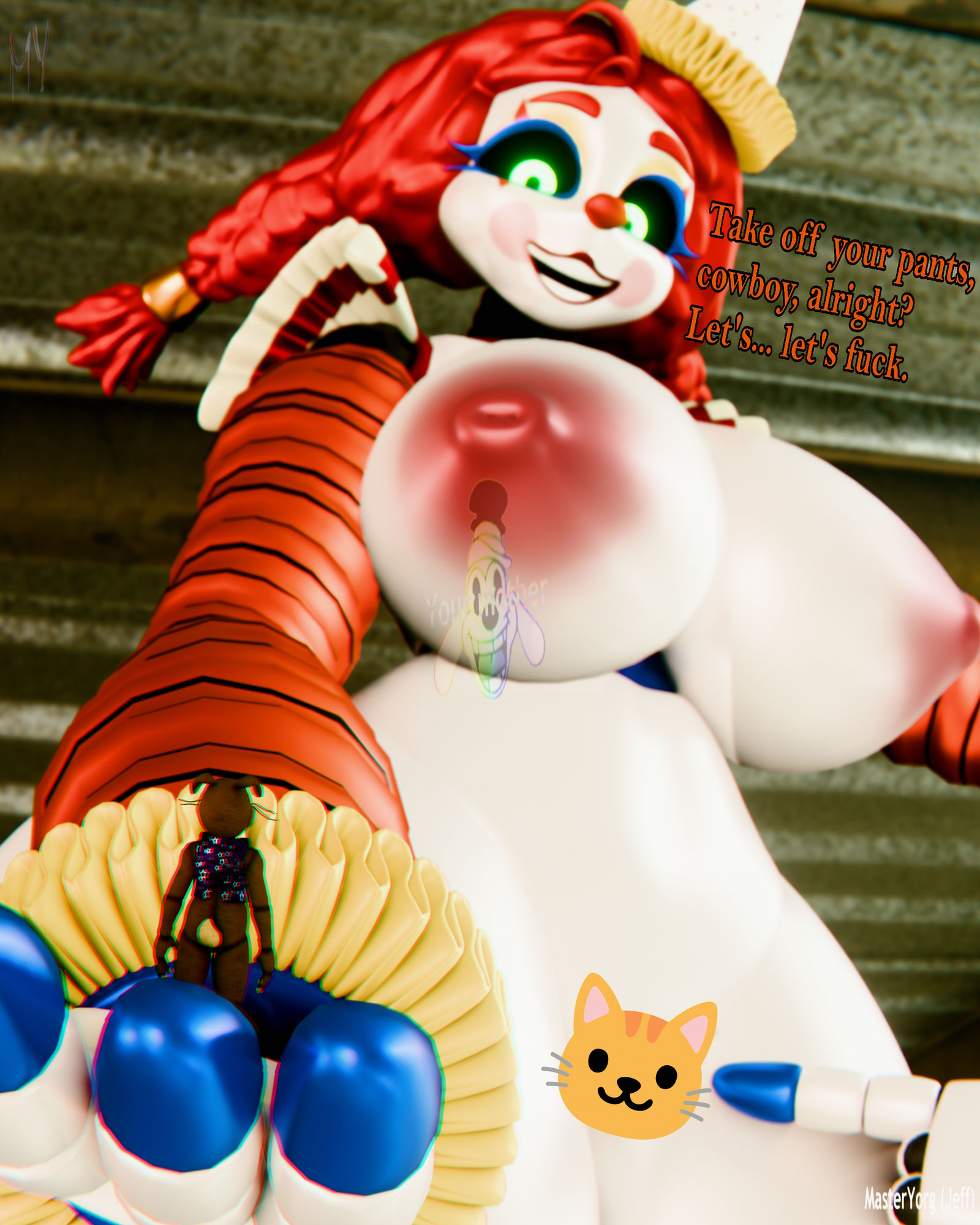 3d, animatronic, animatronic female, black sclera, blush, breasts, bunny ears, cat emoji, censored, clown, clown girl, clown makeup, clown nose, covered pussy, five nights at freddy's, giantess, glitchtrap, green eyes, hat, headgear, holding partner, inviting, inviting to sex, jackie (fnaf), large breasts, larger female, long hair, looking at another, male, masteryorg0, nipples, pointing, red hair, smaller male, smile, speech, tagme, text, the mimic (fnaf), thick thighs, voluptuous, wide hips