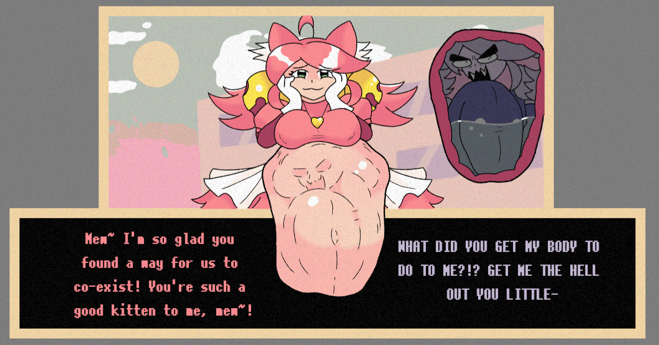 deltarune, deltarune chapter 5, digestion, endlessnight, internal, mad mew mew, mew mew kissy cutie, pink (deltarune), same size vore, soft vore, struggling, struggling prey, unwilling, unwilling prey, unwilling vore, vore, vore belly