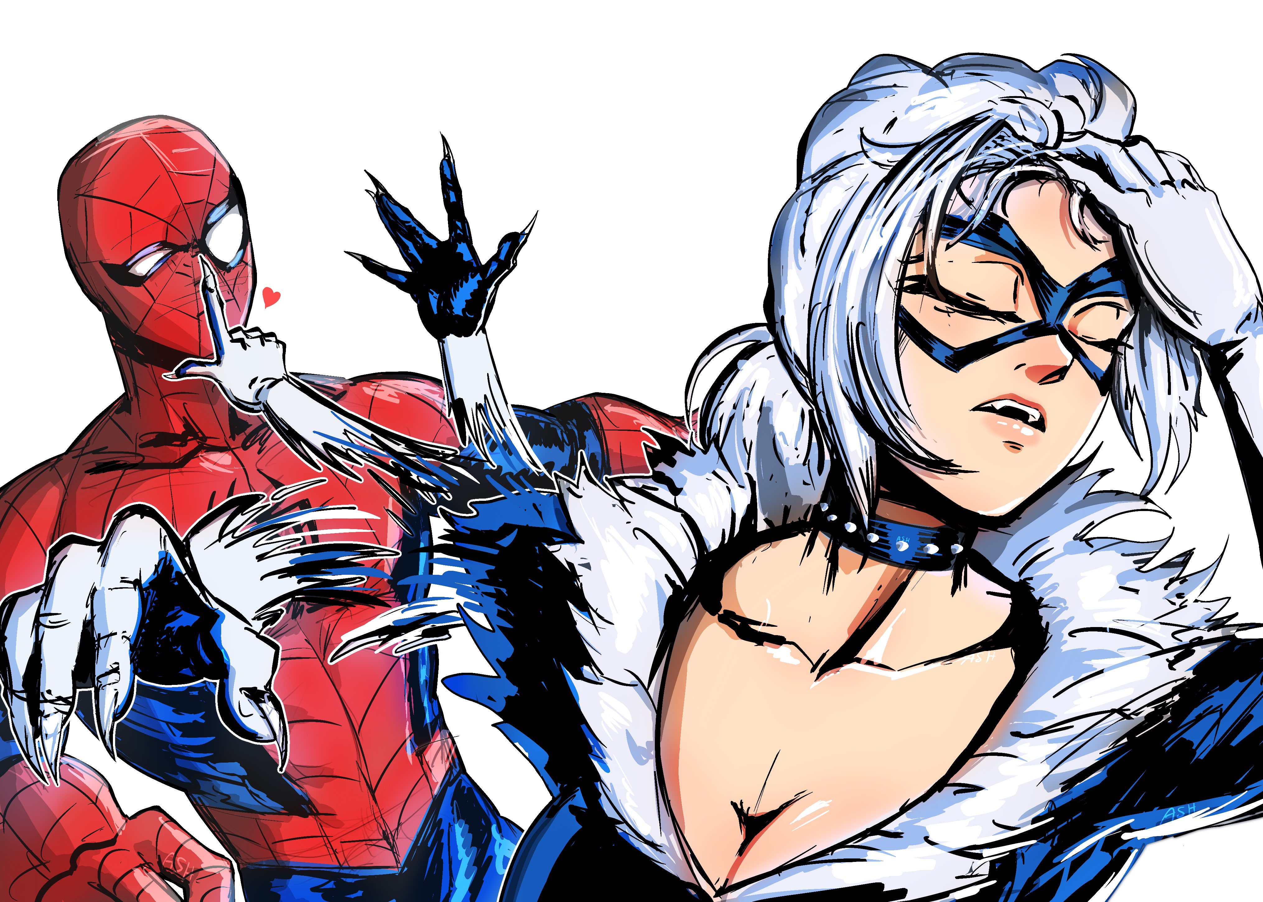 ♡, 1boy, 1boy1girl, 1girl1boy, 1girls, 2026, athletic, athletic male, big breasts, black cat (marvel), bodysuit, breasts, choker, cleavage, collar, color, colored, couple, couple (romantic), couple love, couples, cute fangs, domino mask, eyemask, fangs, felicia hardy, female, finger on lip, fleurashdesign, flipping hair, hair flip, hand on hair, high resolution, highres, light skin, light-skinned female, love, lovers, lovers moment, male, marvel, marvel comics, mask, masked, masked female, masked male, meme, meme reference, naoya hair flip, peter parker, pinup, posing, posing for the partner, romantic, romantic couple, seductive, seductive look, skin tight, spider-man, spider-man (series), superhero, superhero couple, superheroine, thick breasts, tight clothes, tight clothing, voluptuous, voluptuous female, white background, white fur, white hair