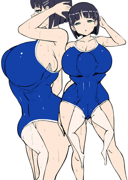 1boy, 1girls, breast smother, clothing entrapment, face in breasts, hanabi (ocha), shared clothes, smothering, suffocation, swimsuit