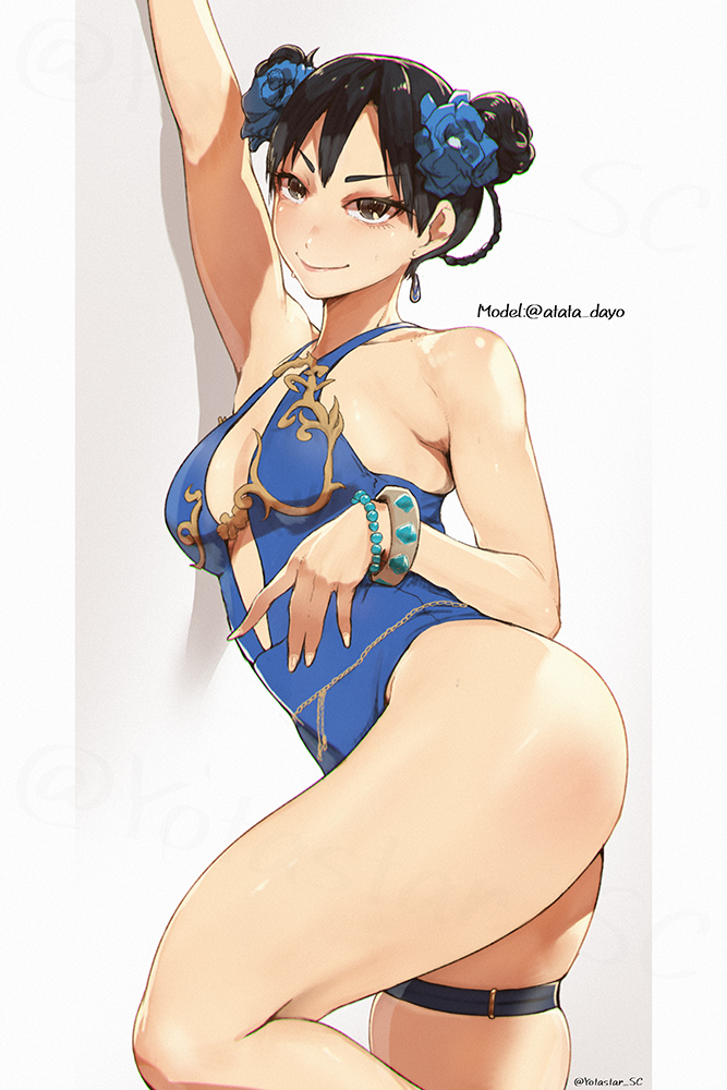 1girls, blue swimsuit, breasts, brown eyes, brown hair, chun-li, chun-li (street fighter 6), female, female only, legs, official alternate costume, short hair, street fighter, street fighter 6, swimsuit, thighs, yotastar