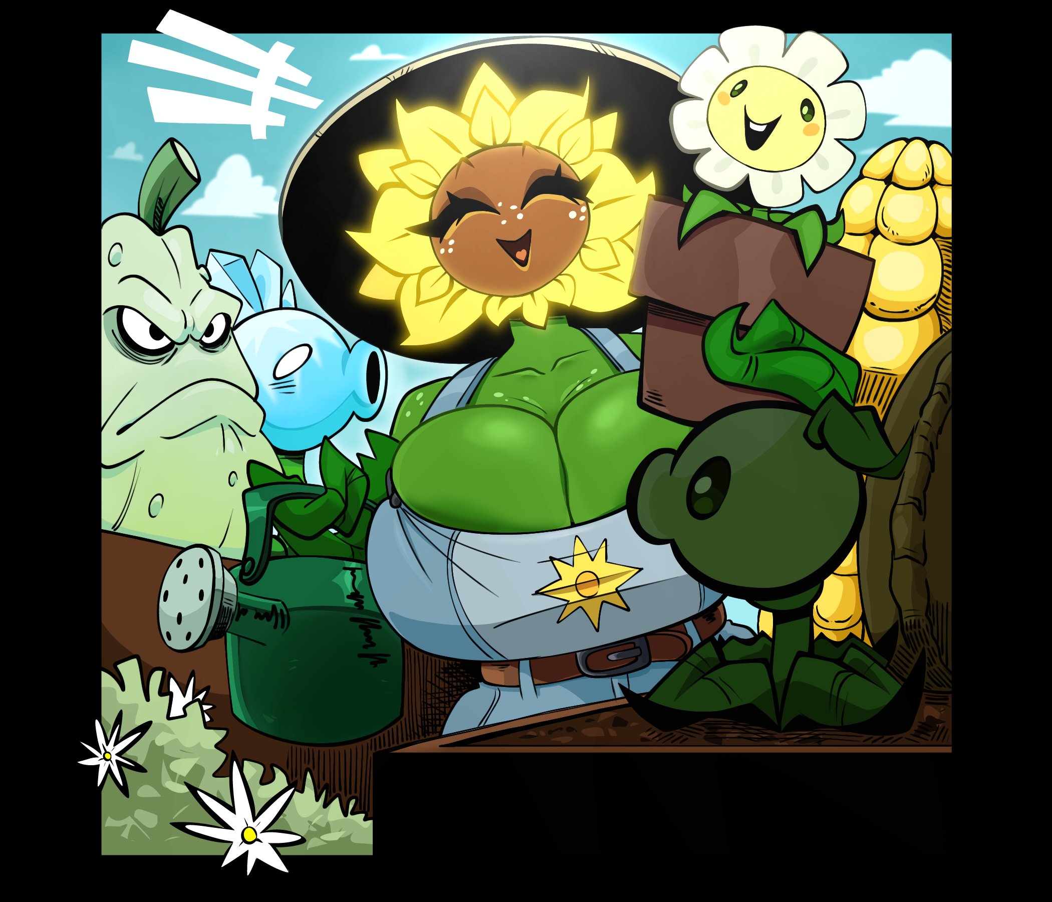 1girls, anthro, anthrofied, big breasts, breasts, cleavage, cob cannon, electronic arts, female, flora fauna, gallo wazavi, huge breasts, marigold (pvz), overalls, peashooter (pvz), plant, plant girl, plant humanoid, plants vs zombies, plants vs. zombies, popcap games, snow pea (pvz), squash (pvz), sunflower (pvz)