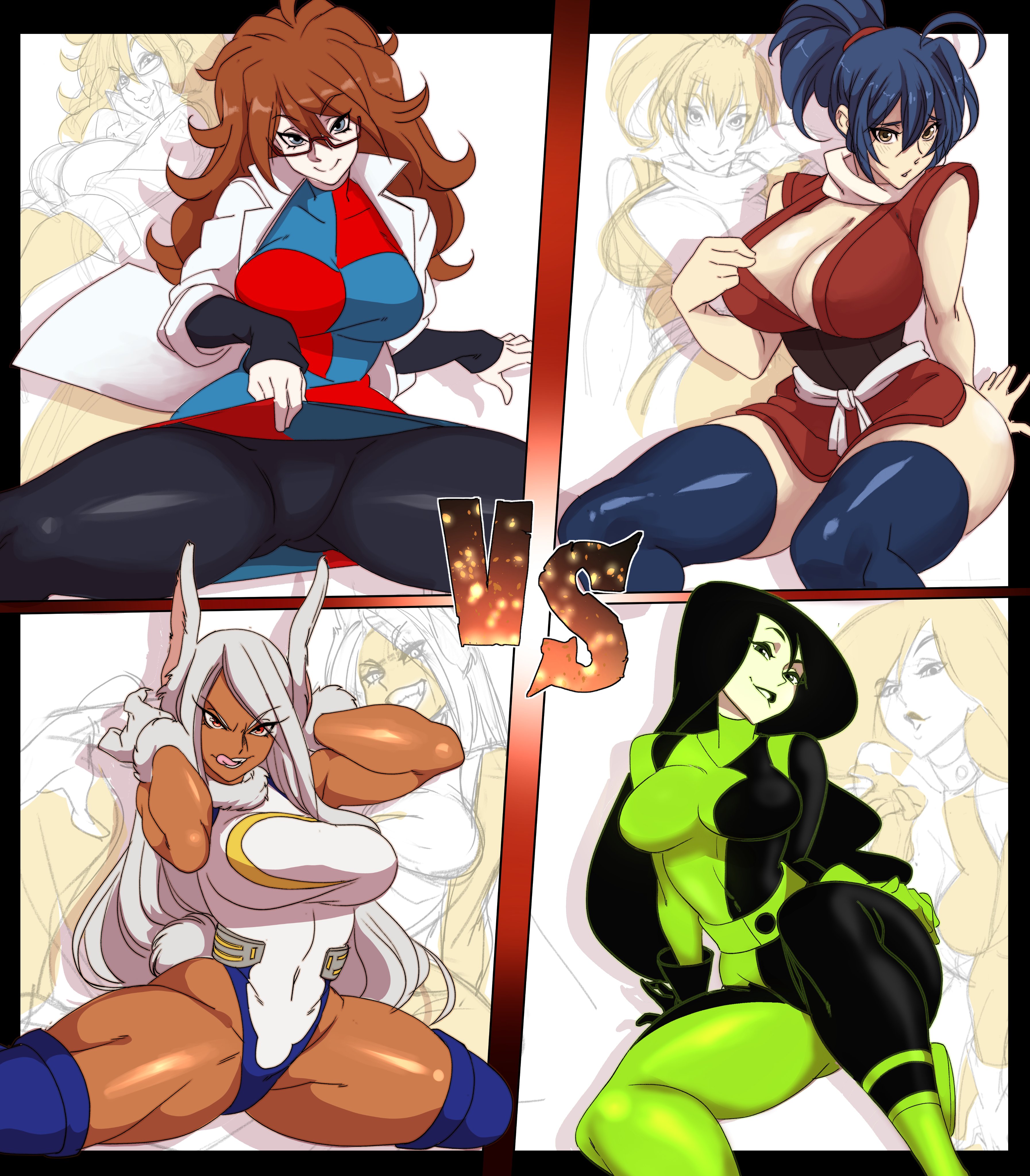 4girls, android 21, animal ears, black hair, black-framed eyewear, blue hair, blue legwear, blue thighhighs, bodysuit, breasts, brown hair, bunny ears, bunny girl, cleavage, clothing, collage, covered navel, crossover, curvaceous, dark skin, dark-skinned female, disney, dragon ball, dragon ball fighterz, dress, eastern and western character, eyewear, female, glasses, gloves, green bodysuit, green eyes, group, h2020, high resolution, highleg, kim possible, large breasts, legwear, leotard, licking lips, long hair, looking at viewer, manyuu chifusa, manyuu hikenchou, miruko, multicolored, multicolored bodysuit, multicolored clothes, multiple crossover, multiple girls, muscle, muscular female, my hero academia, navel, nisego, pantyhose, scarf, seductive, seductive look, seductive pose, seductive smile, shego, sleeveless, smile, spread legs, superhero, thick thighs, thighhighs, thighs, toned, toned female, tongue, tongue out, usagiyama rumi, very high resolution, vomi (dragon ball), white gloves, white hair