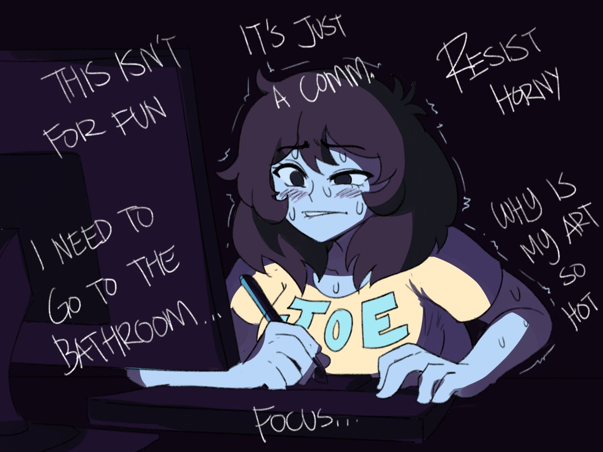 1girls artist_self-insert bangs biting_lip biting_own_lip blush clothing color colored comedy dialogue digital_drawing_(artwork) digital_media_(artwork) drawing drawing_pen drawing_tablet english_text eyes_crossed humor long_hair looking_at_screen messy_hair original pen png self_insert shaking sweat sweatdrop talking_to_self text tina_(tinafate1) tinafate1