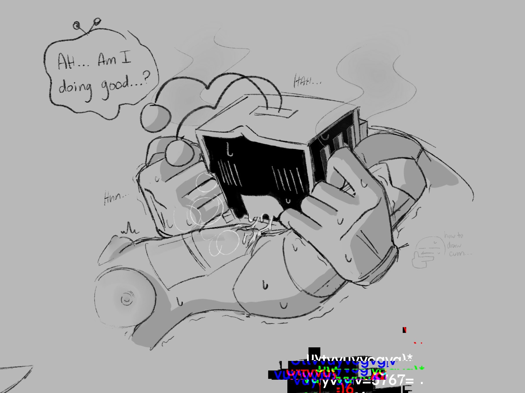 2d (artwork), breasts, computer, cumming, deltarune, dialogue, explicit, female, licking pussy, male, naked, naked female, pussy, queen (deltarune), sex, sketch, strawpage request, tenna (deltarune), toby fox, tv head, undertale (series), unknown artist, wigglylamp92