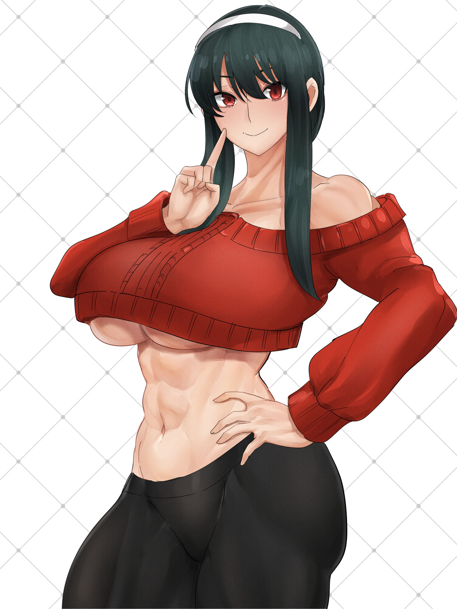 1girls, 2020s, 2026, 2d, 2d (artwork), abs, bare shoulders, big breasts, black hair, black leggings, breasts, cleavage, collarbone, commentary request, contrapposto, cropped shirt, digital art, digital drawing (artwork), digital media (artwork), female, female focus, female only, finger to cheek, ga, hair between eyes, hairband, hand on own hip, high resolution, highres, large breasts, leggings, light skin, light-skinned female, long hair, looking at viewer, mature, mature female, mature woman, milf, muscular abs, muscular female, navel, off shoulder, off-shoulder sweater, red eyes, red shirt, red sweater, seductive, sexy, sexy body, sexy female, sfw, sidelocks, smile, smiling at viewer, spy x family, stomach, sweater, teaindian, underboob, voluptuous, voluptuous female, white hairband, yor briar, yor forger