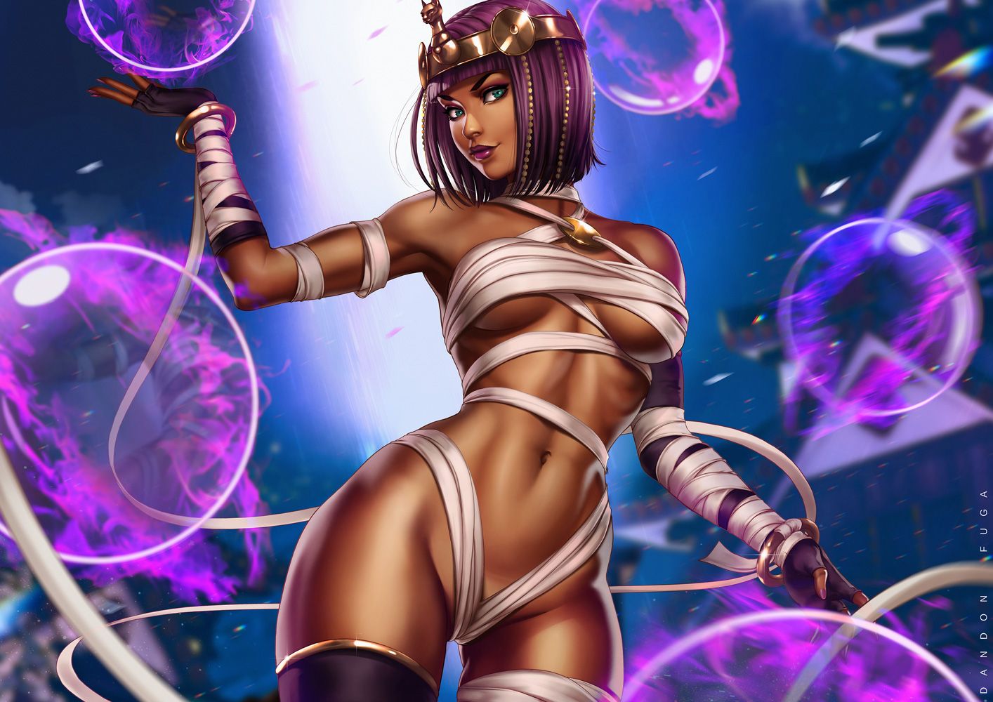 1girls, bob cut, breasts, capcom, cleavage, dandon fuga, dark skin, dark-skinned female, egyptian, female, female only, fortune teller, lipstick, looking at viewer, menat (street fighter), short hair, solo, street fighter, street fighter v