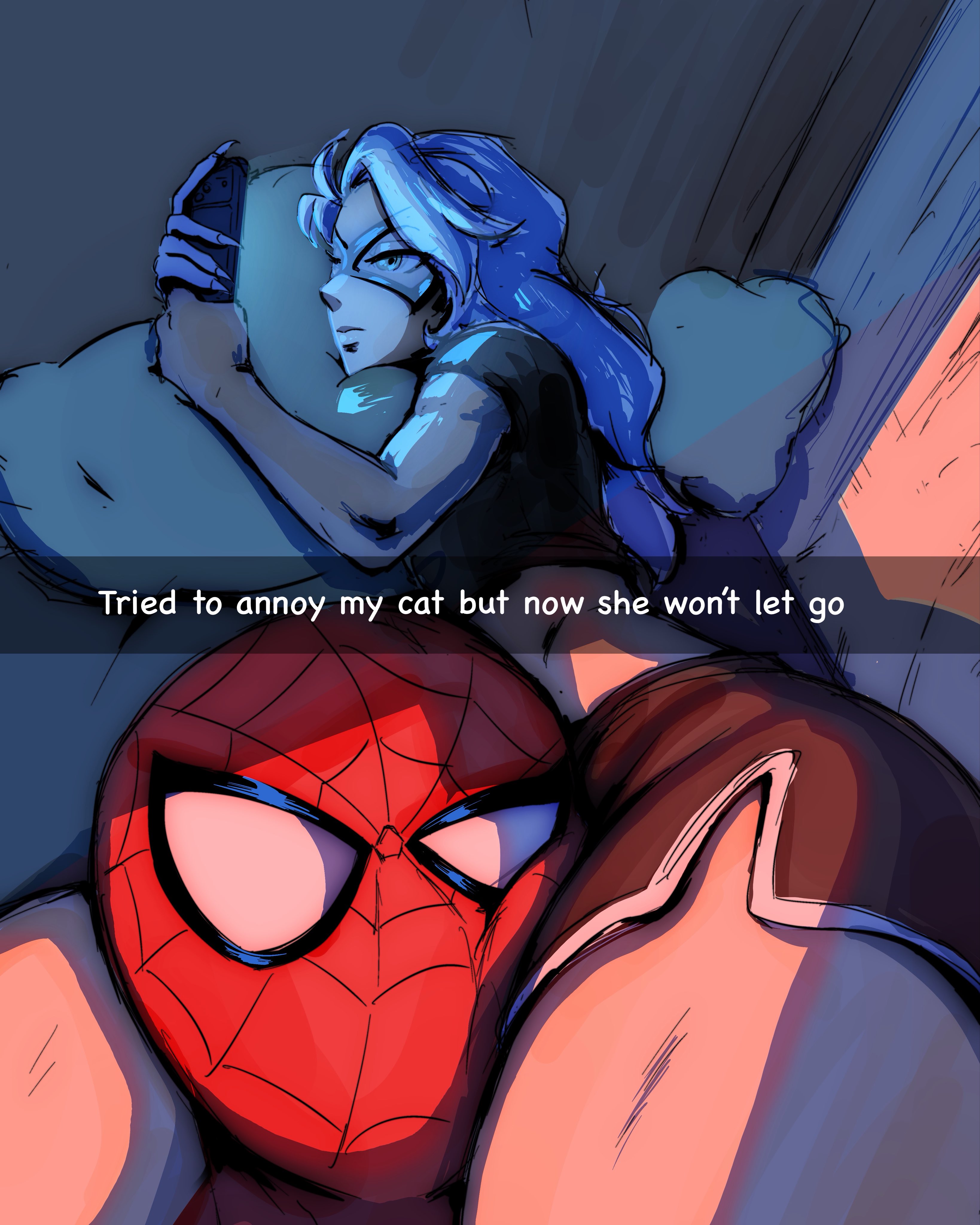 1boy, 1boy1girl, 1girl1boy, 1girls, 2025, bedroom, black cat (marvel), caption, clingy, color, colored, couple, couple (romantic), couple love, couple sex, couples, curvaceous, curvaceous body, curvaceous female, curvaceous figure, curvaceous hips, curvy, curvy body, curvy female, curvy figure, curvy hips, domino mask, duo, eyemask, felicia hardy, female, fleurashdesign, high resolution, highres, im this clingy (meme), ips, light skin, light-skinned female, looking at phone, looking at viewer, love, lovers, lovers moment, male, marvel, marvel comics, mask, masked, masked female, masked male, meme, peter parker, phone, phone screen, pinup, romantic, romantic couple, romantic sex, spider-man, spider-man (series), superhero, superhero couple, superheroine, text, thick, thick hips, thick thighs, voluptuous, voluptuous female, white hair, wholesome, wide hips
