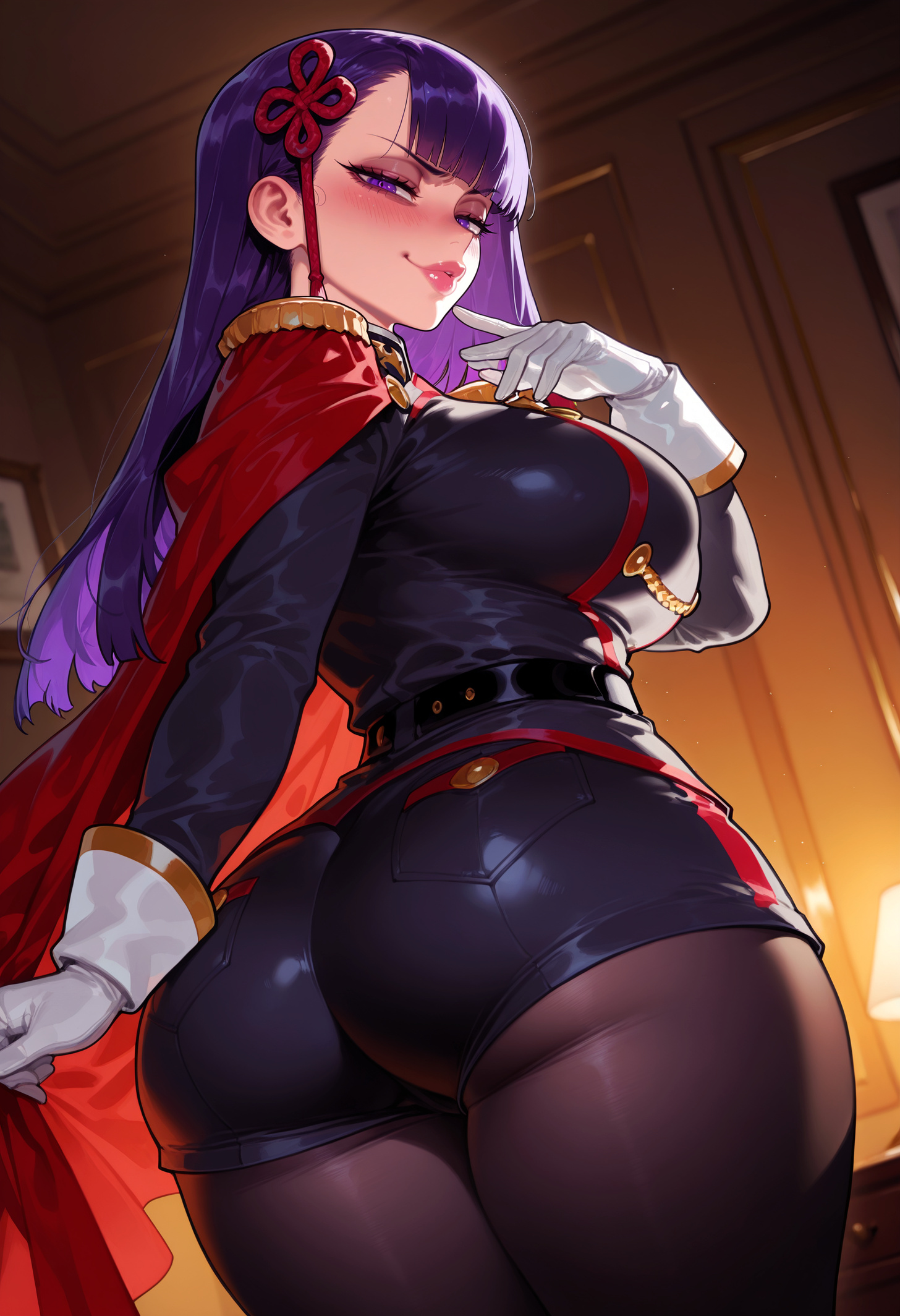 1girls, ai generated, ass, ass focus, balecxi, bangs, belt, black jacket, black pantyhose, black shorts, blunt bangs, blush, breasts, cape, chained soldier, clothing, curvaceous, curvaceous female, curvaceous figure, curvy, curvy figure, epaulettes, female, female focus, female only, from behind, gloves, hair ornament, hair ribbon, huge ass, indoors, inviting, inviting to sex, jacket, large breasts, legwear, lips, long hair, long sleeves, looking at viewer, looking back, makeup, mato seihei no slave, naughty face, pantyhose, pantyhose under shorts, pink lips, presenting, presenting ass, presenting breasts, presenting hindquarters, presenting self, purple eyes, purple hair, red cape, ribbon, seductive, seductive look, seductive smile, short shorts, shorts, smile, solo, thick thighs, thighs, twisted torso, underbutt, uniform, voluptuous, voluptuous female, white gloves, yamashiro ren