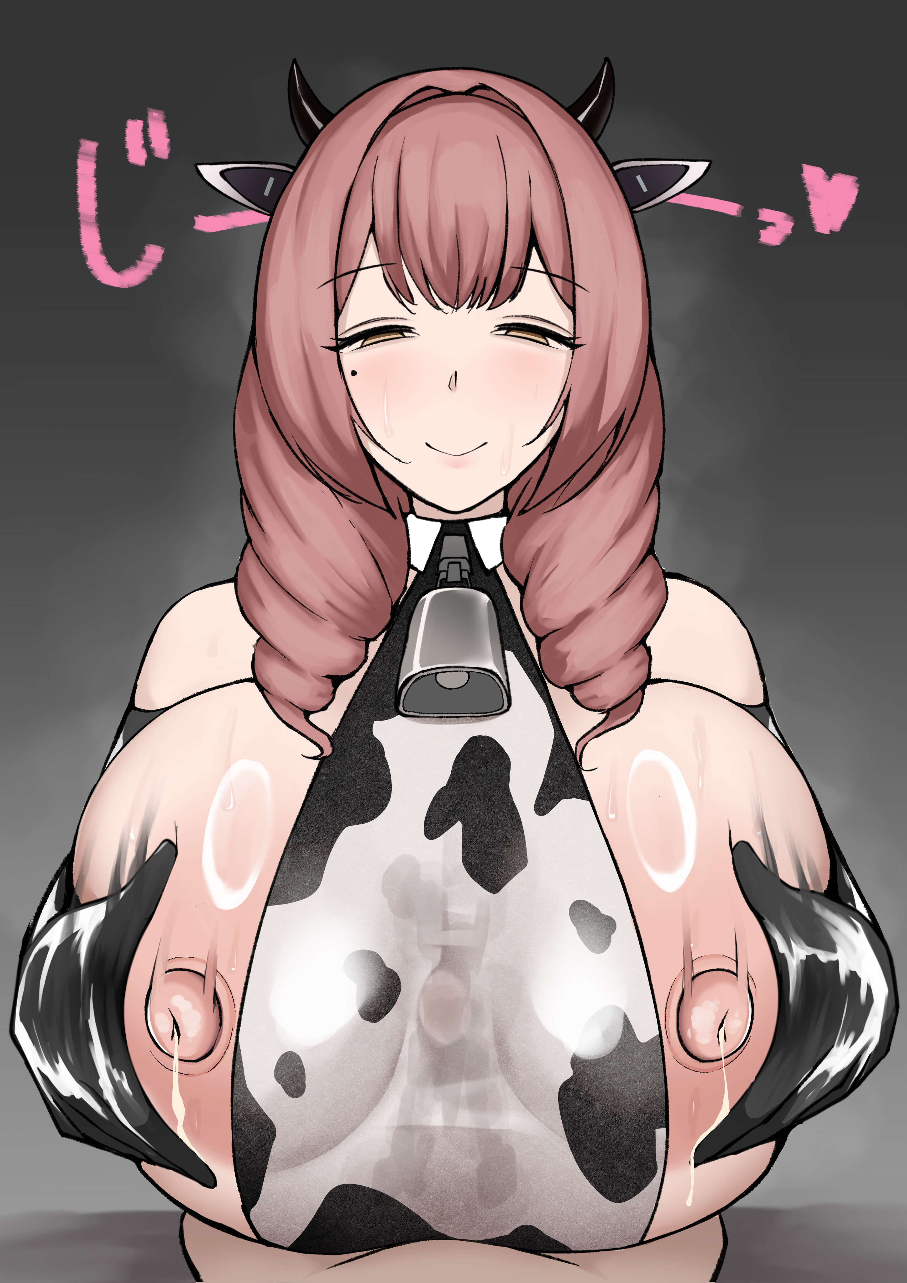 1boy, 1girls, areolae, azur lane, blush, breasts, brown eyes, clothed female nude male, clothing, cow print, cow print leotard, cowbell, cowpens (azur lane), cowpens (milky ministrations) (azur lane), eagle union (azur lane), gloves, half-closed eyes, huge breasts, kiwi sweetie (artist), leotard, light skin, light-skinned female, light-skinned male, male pov, nipples, paizuri, paizuri lead by female, paizuri under clothes, pink hair, pov, smile