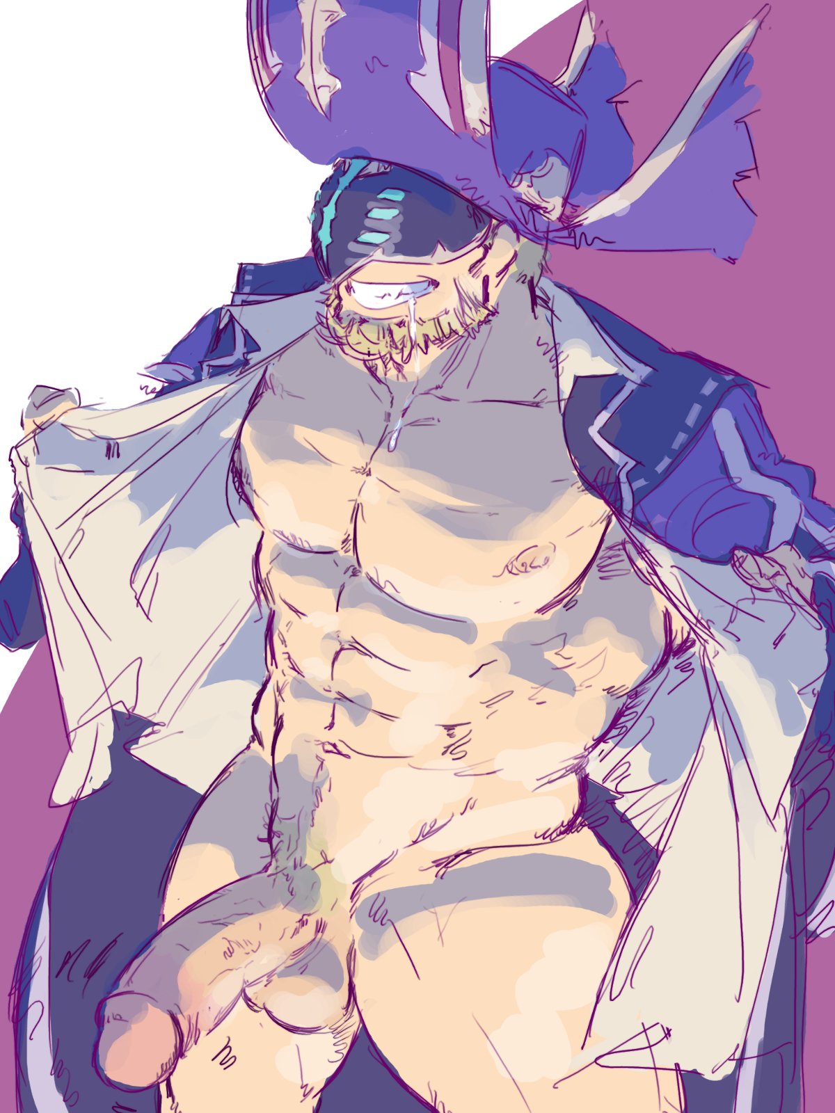 1boy abs bara beard coat dragalia_lost english_commentary erection facial_hair flashing grin hat highres kleimann male_focus mask muscular muscular_male open_clothes open_coat open_shirt pectorals penis piikeisandaa purple_hat smile testicles