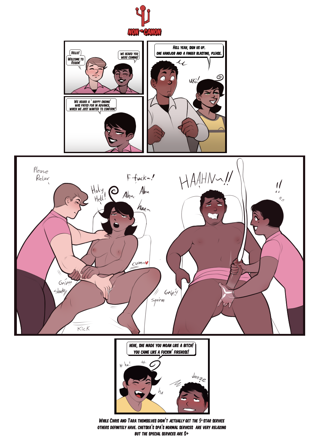 2boys 2girls anal anal_fingering both_sexes_in_same_situation breasts chris_colte_(jamesab) cum dark-skinned_female dark-skinned_male dark_skin female female_masturbation fingering fruit_basket_(jamesab) gloves handjob happy_ending jamesab light-skinned_male male masturbation non_canon original_character pale-skinned_male pale_skin prostate_stimulation spa straight tara_mankai_(jamesab) thick_penis vaginal_stimulation