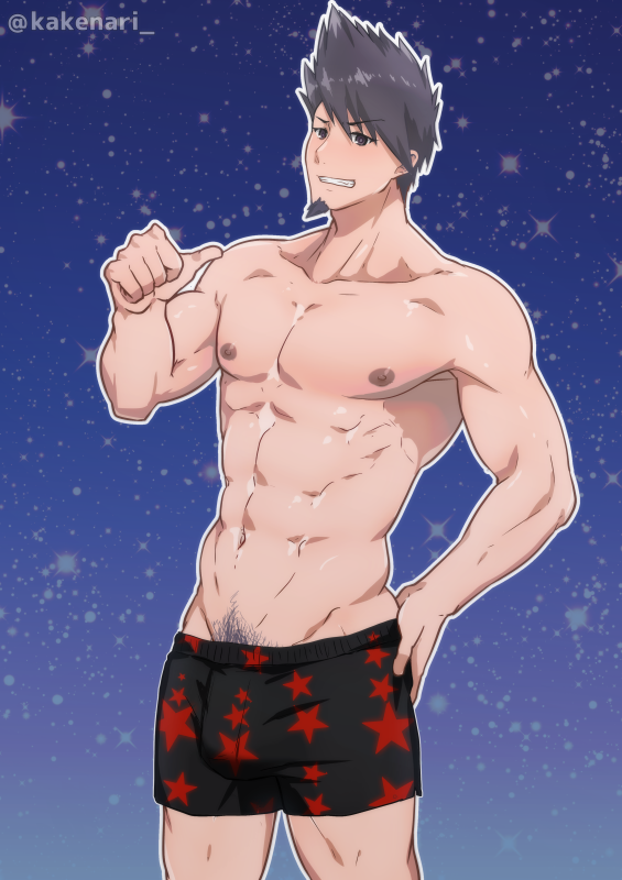 1boy abs bulge censored danganronpa danganronpa_v3 facial_hair gay goatee kaito_momota kakenari male_only momota_kaito pointing pointing_at_self pubic_hair smooth_skin solo space spiked_hair twitter_username underwear