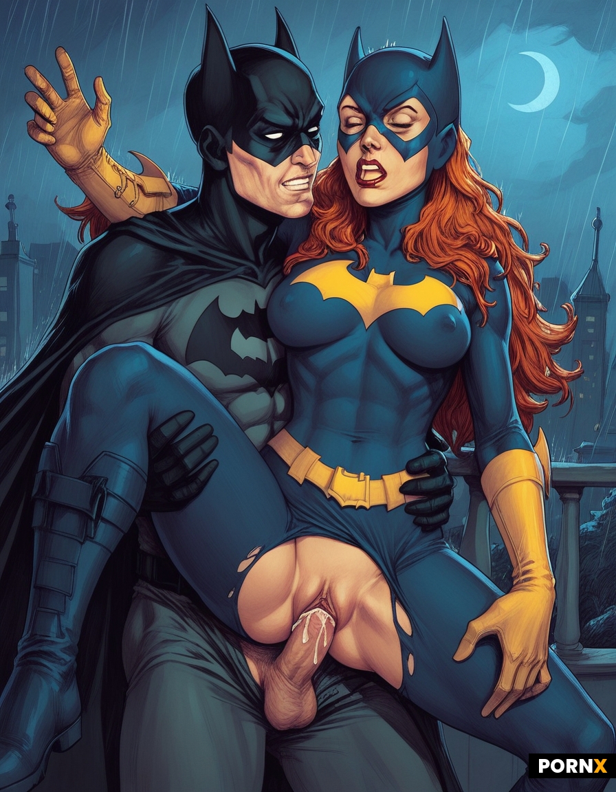 ai_generated barbara_gordon batgirl batman bruce_wayne carrying cum cum_in_pussy cum_inside dc_comics orgasm red_hair red_hair sex superhero superheroine torn_clothes