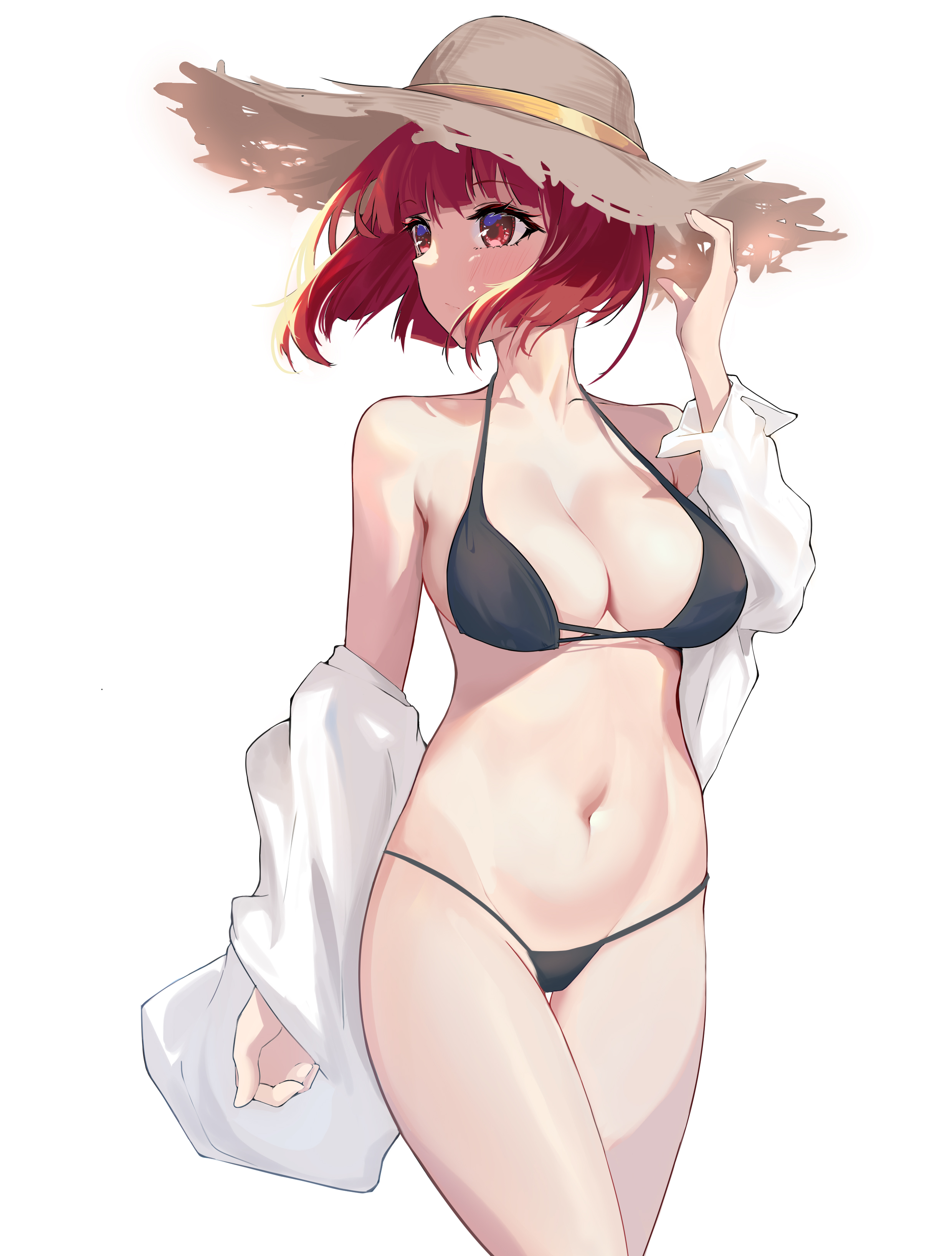 arima kana, bare arms, bare belly, bare legs, bare shoulders, bare thighs, belly button, bikini, black bikini, blush, breasts, chinoryuu, cleavage, closed mouth, collarbone, female, looking away, medium breasts, oshi no ko, red eyes, red hair, short hair, straw hat, string bikini, thighs, wide hips