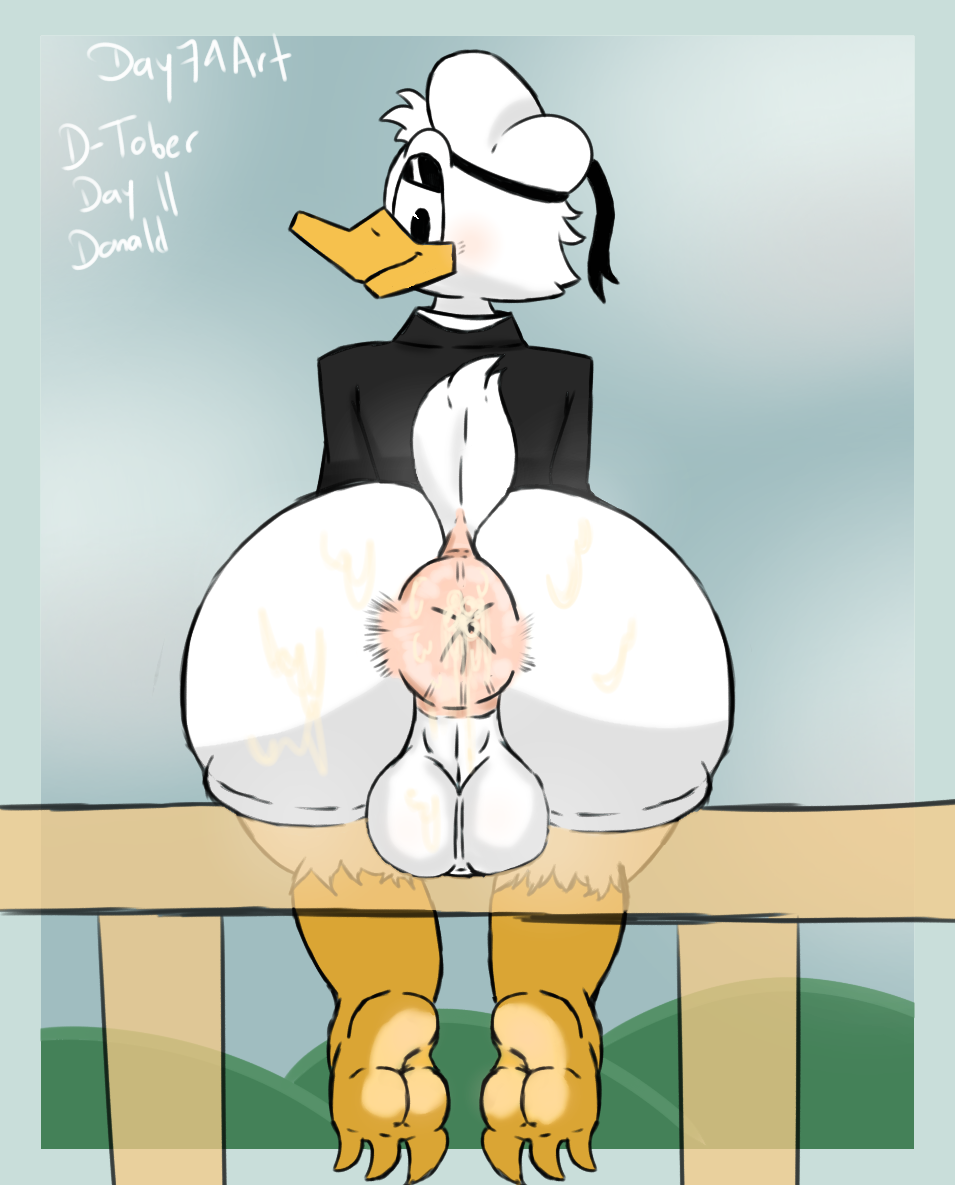 anatid anseriform anthro anus ass avian balls big_anus big_balls big_butt bird blush bodily_fluids clothing cloud cloudy_sky cum cum_on_anus cum_on_butt day74art disney donald_duck duck ducktales ducktales_(2017) feet fence fluffy fluffy_tail genital_fluids genitals hat headgear headwear looking_back male male_only puffy_anus raised_tail sitting sky solo tail white_body