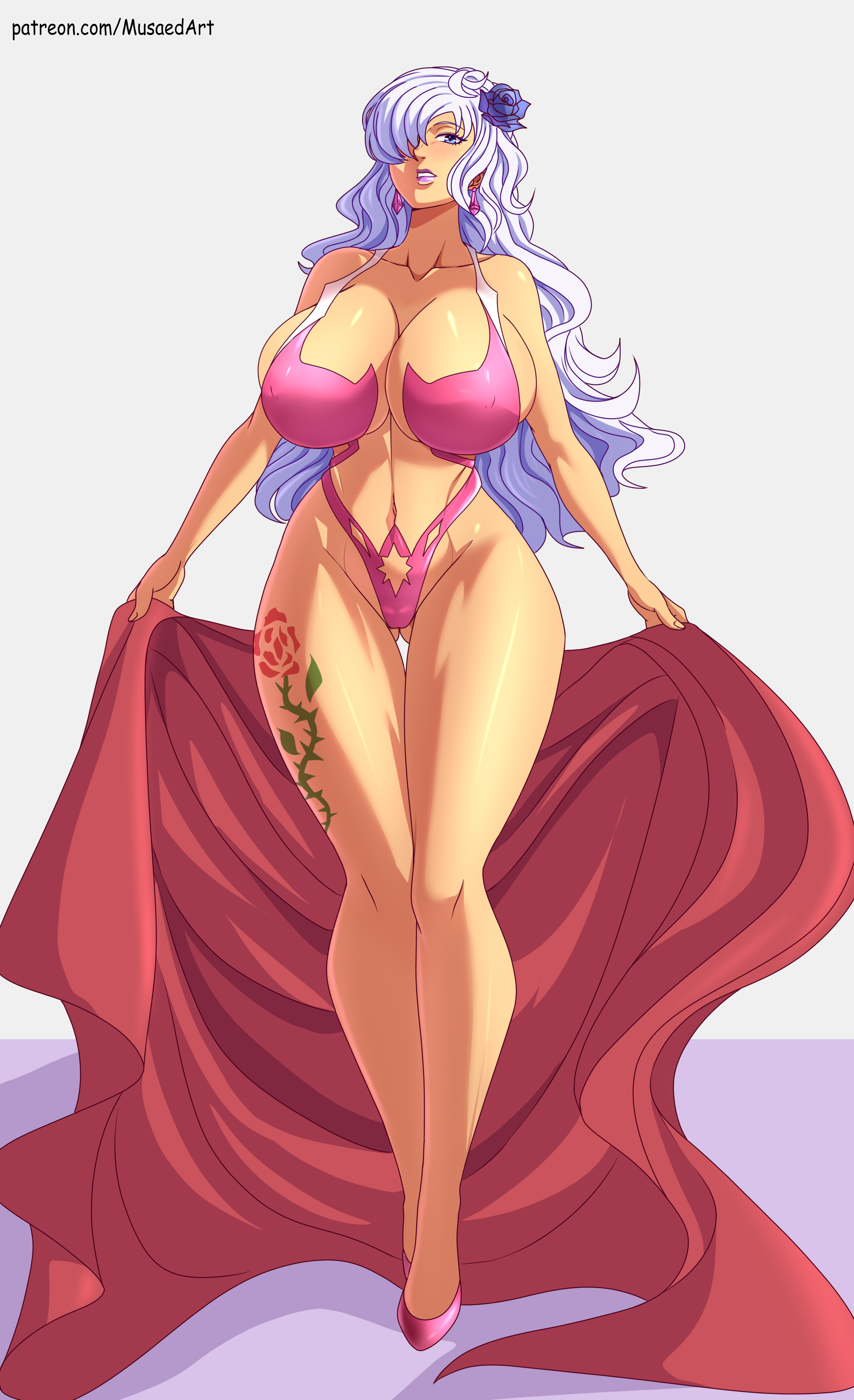 1girls, ass visible through thighs, bangs, bare shoulders, breasts, charlotte smoothie, cleavage, collarbone, curvy, earrings, eyelashes, female, female only, flower, hair over one eye, heels, highres, hourglass figure, huge breasts, human, jewelry, leg tattoo, light skin, light-skinned female, lips, long hair, long legs, looking at viewer, musaed art, navel, nude, nude female, one piece, revealing clothes, sideboob, skindentation, slim waist, solo, tall, tall female, tattoo, thick thighs, thighs, undressing, voluptuous, wavy hair, white hair, white-haired female, wide hips