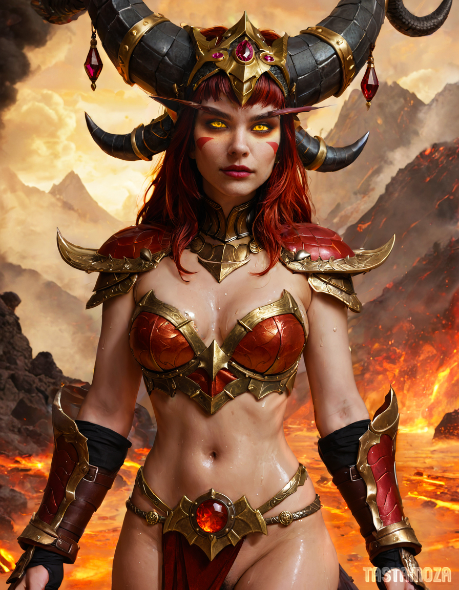 ai_generated alexstrasza dragon_girl fantasy lava loincloth loincloth_aside sex tastamoza warcraft world_of_warcraft