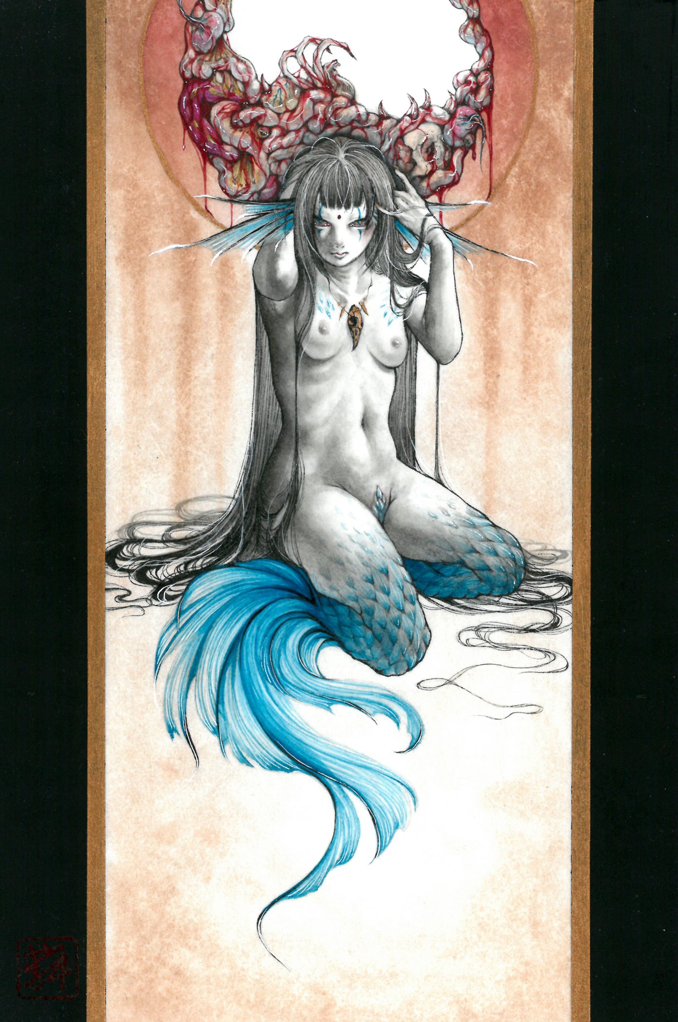 black_hair blood breasts commentary_request completely_nude entrails facial_mark female fins forehead_mark full_body guro highres jewelry long_hair looking_at_viewer meimaro mermaid monster_girl necklace nipples nude organs original painting_(medium) pale_skin pubic_hair pubic_scales pussy scales sitting small_breasts solo traditional_media very_long_hair