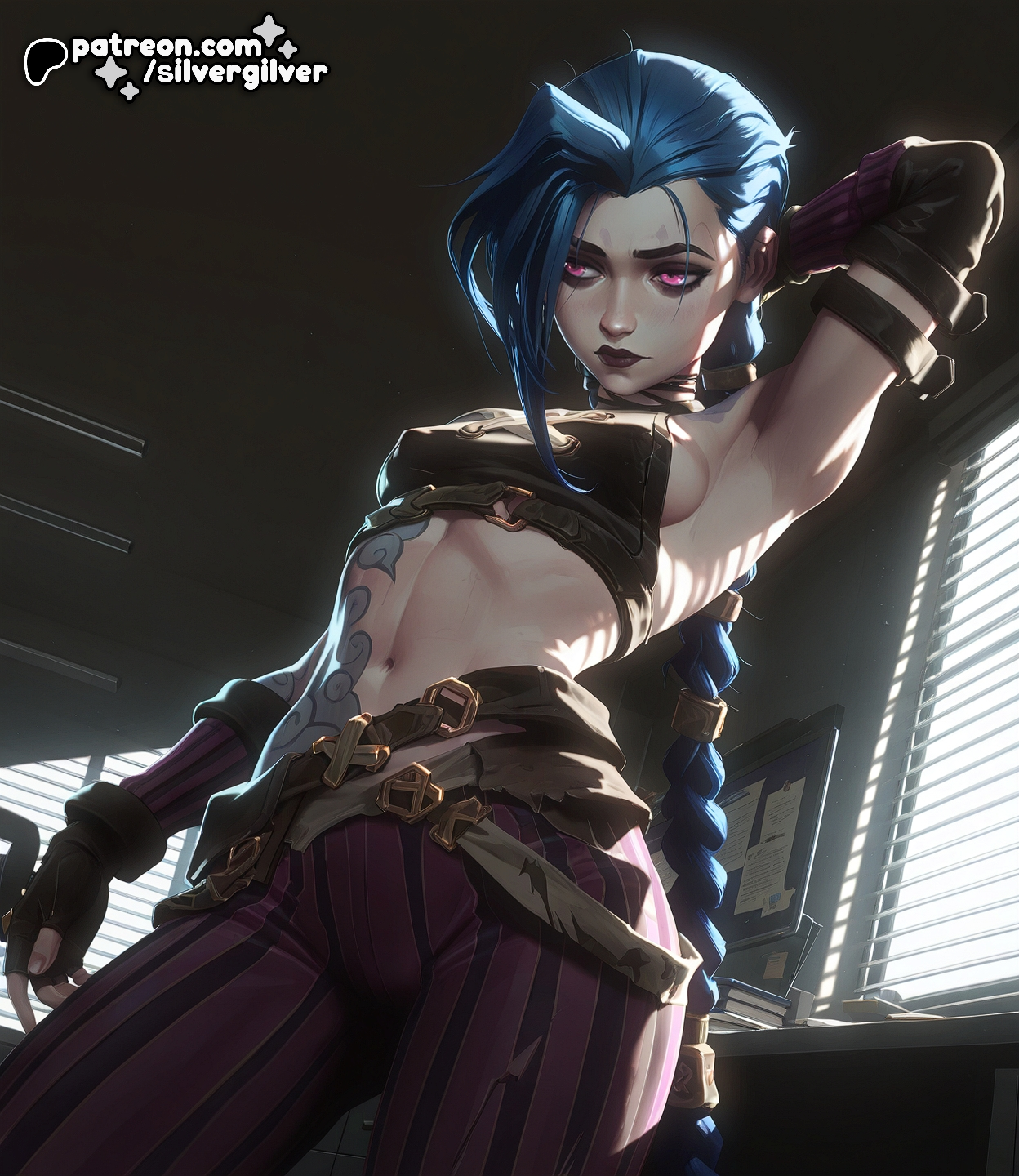 1girls, ai generated, arcane, arcane jinx, arm up, armpit, armpit fetish, armpits, barely clothed, blue hair, braided hair, braided twintails, crop top, dark lips, dark lipstick, eyeshadow, female, fit, from below, hair over one eye, high quality, high resolution, highres, indoors, jinx, jinx (arcane), jinx (league of legends), league of legends, long hair, looking away, low-angle view, medium breasts, navel, one arm up, pale skin, pants, pink eyes, posing, purple pants, sideboob, silvergilver, skinny, small breasts, solo, tattoo, tattoos, voyeur, voyeurism