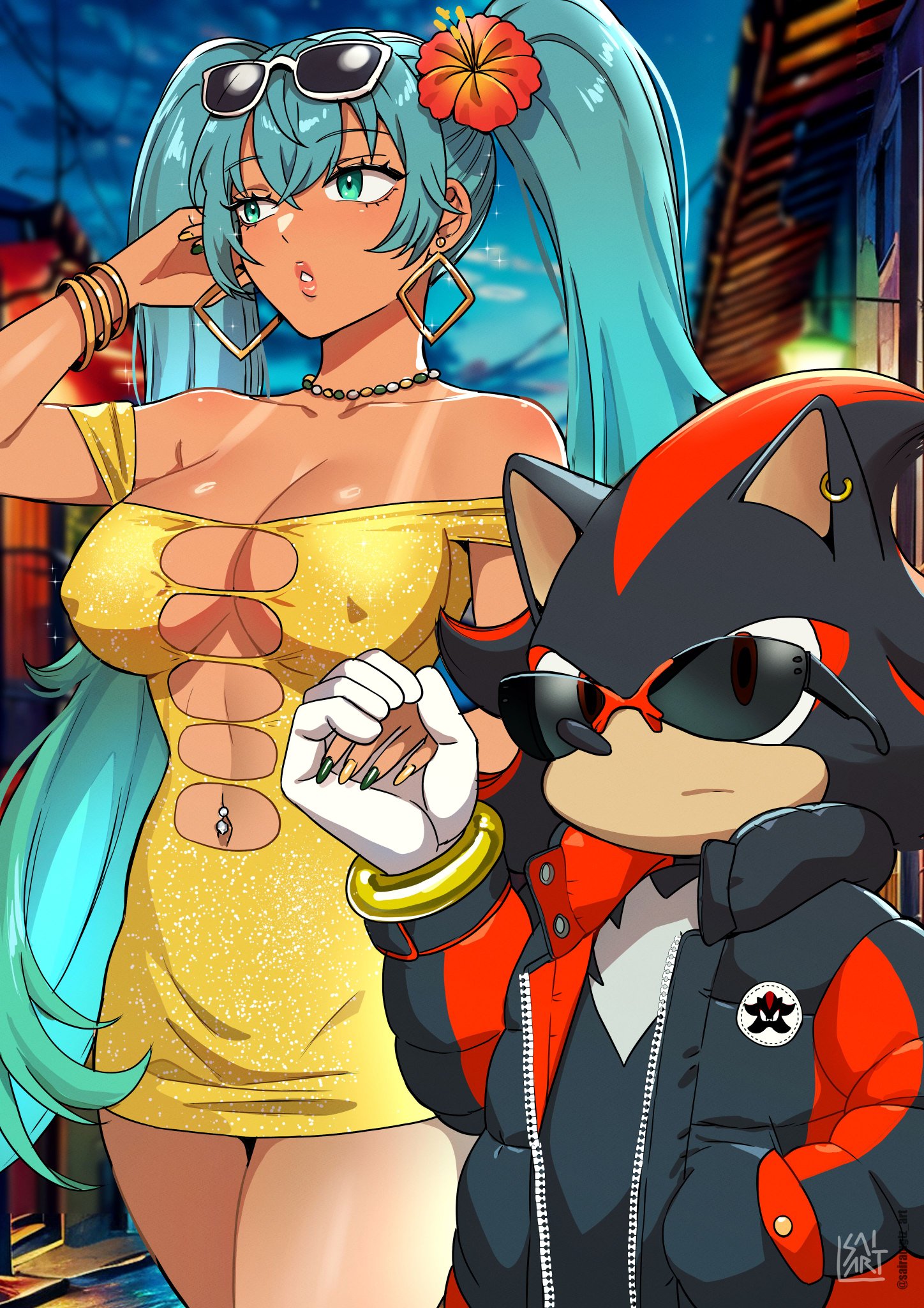 1boy, 1girl, 1girls, alternate costume, anthro, aqua eyes, aqua hair, bangs, bare shoulders, black jacket, bracelet, brazil, brazilian, brazilian female, brazilian miku, breasts, busty, city, cleavage, clothing cutout, covered nipples, cowboy shot, dress, earrings, erect nipples, eyewear on head, female, fingernails, flower, furry, furry male, hair flower, hair ornament, hatsune miku, hibiscus, holding hands, hoop earrings, hourglass figure, human, i just love latinas sonic, jacket, jewelry, large breasts, latina, lips, long hair, male, male anthro/female human, nail polish, navel, navel cutout, navel piercing, necklace, nipple bulge, nipples, no bra, off shoulder, outdoors, parted lips, piercing, sairam gutierrez, sega, shadow the hedgehog, short dress, sky, sonic (series), sonic the hedgehog (series), sunglasses, tagme, tan, tan body, tan skin, tanline, tanlines, twintails, very long hair, vocaloid, wide hips