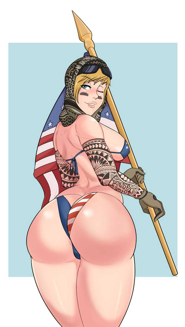 1girls american_flag american_flag_bikini big_ass bikini blonde_hair campi face_paint female_only gloves headscarf looking_at_viewer looking_back rainbow_six rainbow_six_siege solo sunglasses tagme tattooed_arm thick_thighs tom_clancy valkyrie_(rainbow_six) wink