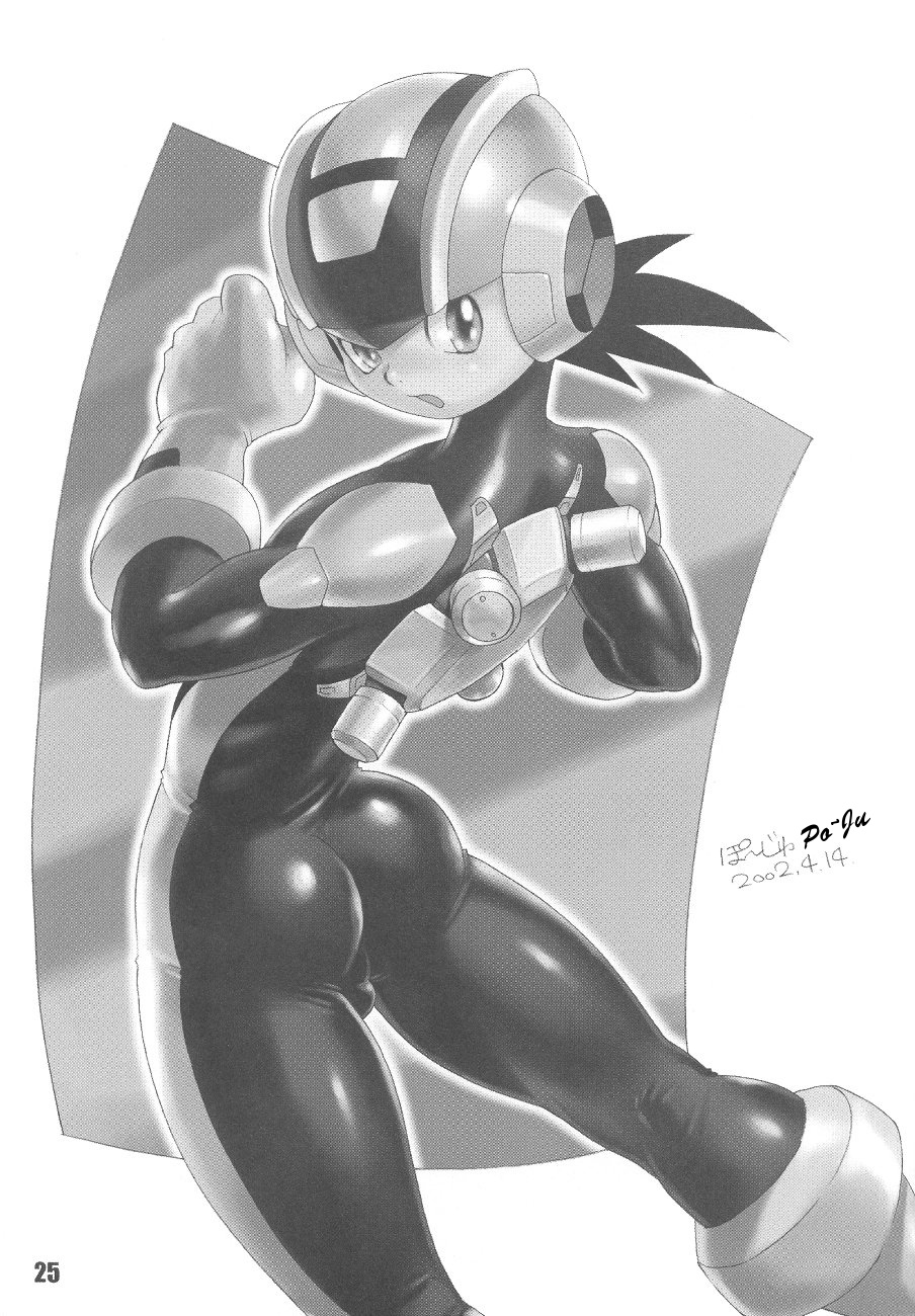 1boy 2002 ass backsack blush bodysuit bulge clothed doujin erection grayscale helmet male_only mega_man mega_man_battle_network megaman.exe monochrome po-ju testicles tight_clothing