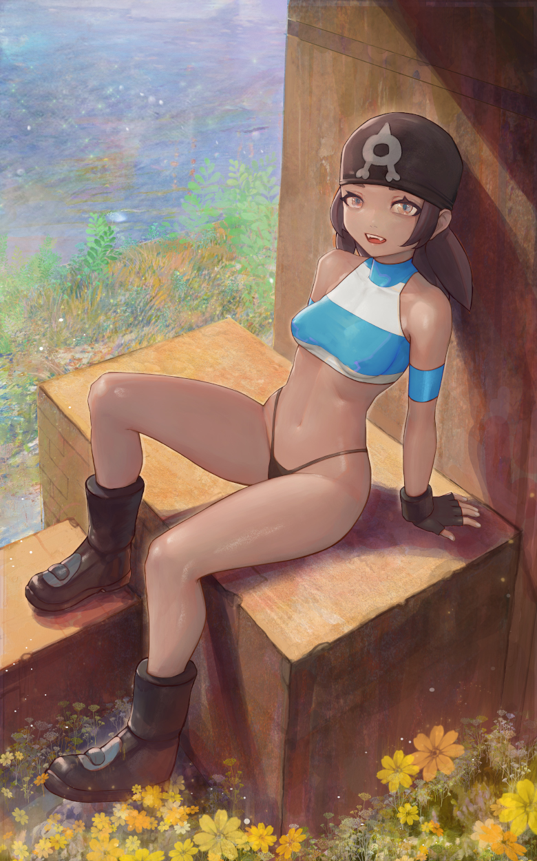 1girls bandana black_thong boots breasts brown_eyes brown_hair creatures_(company) crop_top dark-skinned_female dark_skin female fingerless_gloves flower full_body game_freak gloves hi_res highleg looking_at_viewer medium_hair nintendo nipple_bulge npc_trainer open_mouth outdoors panties pokemon pokemon_oras sitting small_breasts solo team_aqua team_aqua_grunt thong water yugen99