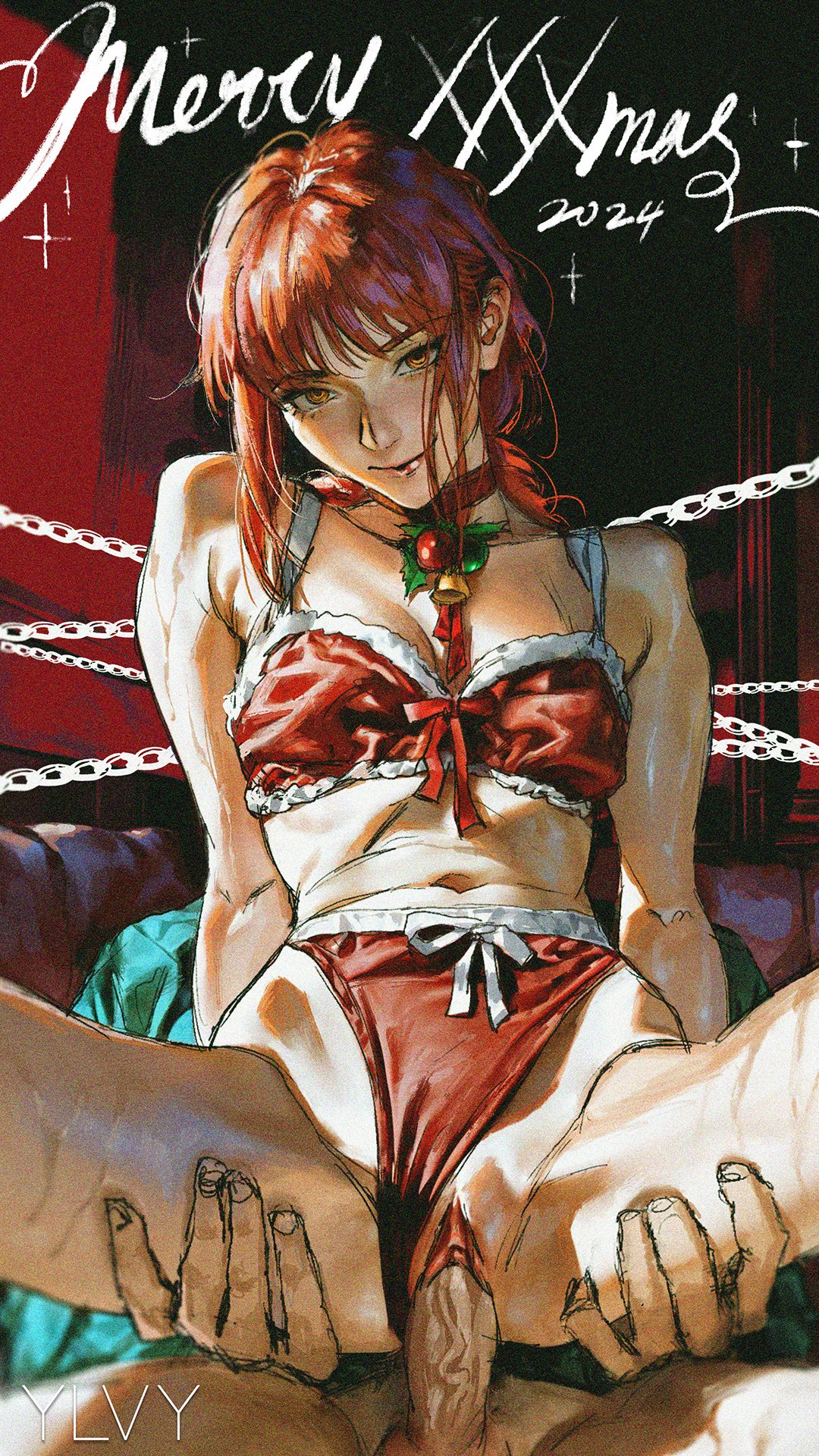 1boy 1girls aqua_shirt bikini breasts chainsaw_man choker closed_mouth cowgirl_position female fur-trimmed_bikini fur_trim highres makima_(chainsaw_man) male male/female navel penis pussy red_bikini red_choker red_hair ringed_eyes santa_bikini sex shirt small_breasts smile solo_focus spread_legs straight swimsuit vaginal_penetration yellow_eyes ylvy