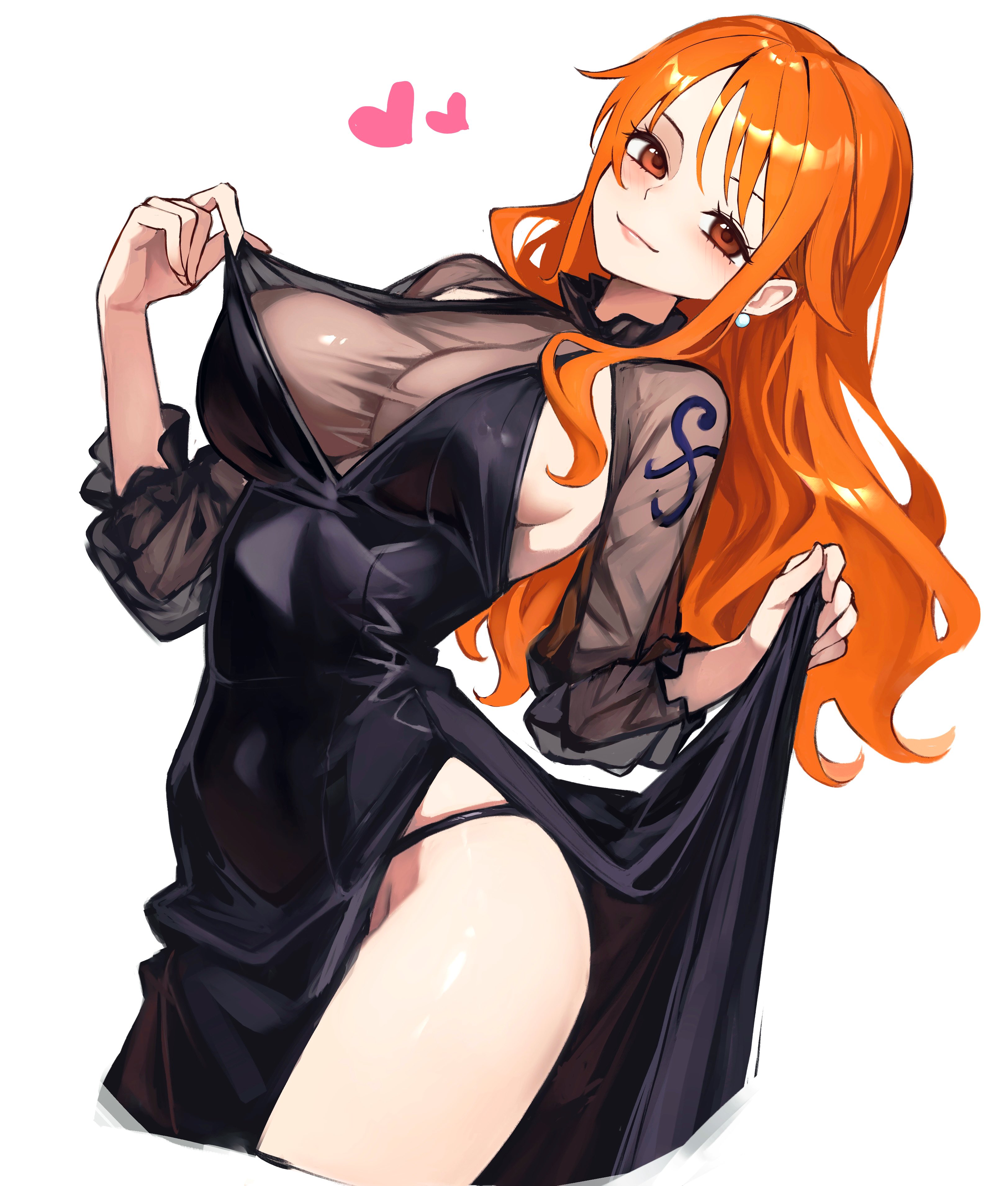 1girls, absurdres, alternate costume, arm tattoo, black dress, black panties, blue tattoo, blush, breasts, brown eyes, closed mouth, clothes lift, clothing, collar, cowboy shot, dress, dress lift, earrings, eyelashes, female, female only, frilled collar, frilled sleeves, frills, heart, highres, jewelry, kasumi 6, kasumi6, large breasts, light smile, lipgloss, long hair, looking at viewer, nami (one piece), one piece, orange hair, orange-haired female, panties, pearl earrings, pink lips, protected link, see-through cleavage, see-through clothes, shoulder tattoo, side slit, sideboob, simple background, single sidelock, solo, string panties, tattoo, thighs, underwear, wavy hair, white background