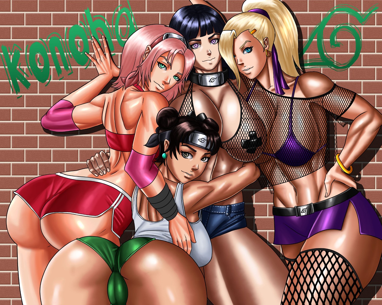 4girls, against wall, aged up, armband, ass, back view, backless, bandage, bare shoulders, belt, big breasts, bikini, bikini top, blonde hair, blue eyes, bracelet, breasts, brown eyes, brown hair, busty, cleavage, cssp, curvy, denim, denim shorts, detailed background, double bun, ear piercing, earrings, female, female only, fishnet, fishnet stockings, front view, green eyes, grey eyes, group, hair bun, hair ornament, hair over one eye, hairclip, hand on hip, hands on hip, hands on hips, haruno sakura, headband, hourglass figure, hugging, human, hyuuga hinata, ino yamanaka, long hair, looking at viewer, midriff, multiple females, multiple girls, naruto, naruto (series), older, pasties, piercing, pink hair, ponytail, sakura haruno, shadow, shiny, shiny skin, short hair, short shorts, shorts, sideboob, standing, tenten, text, tied hair, tube top, tubetop, voluptuous, wall, wide hips, yamanaka ino, yellow hair