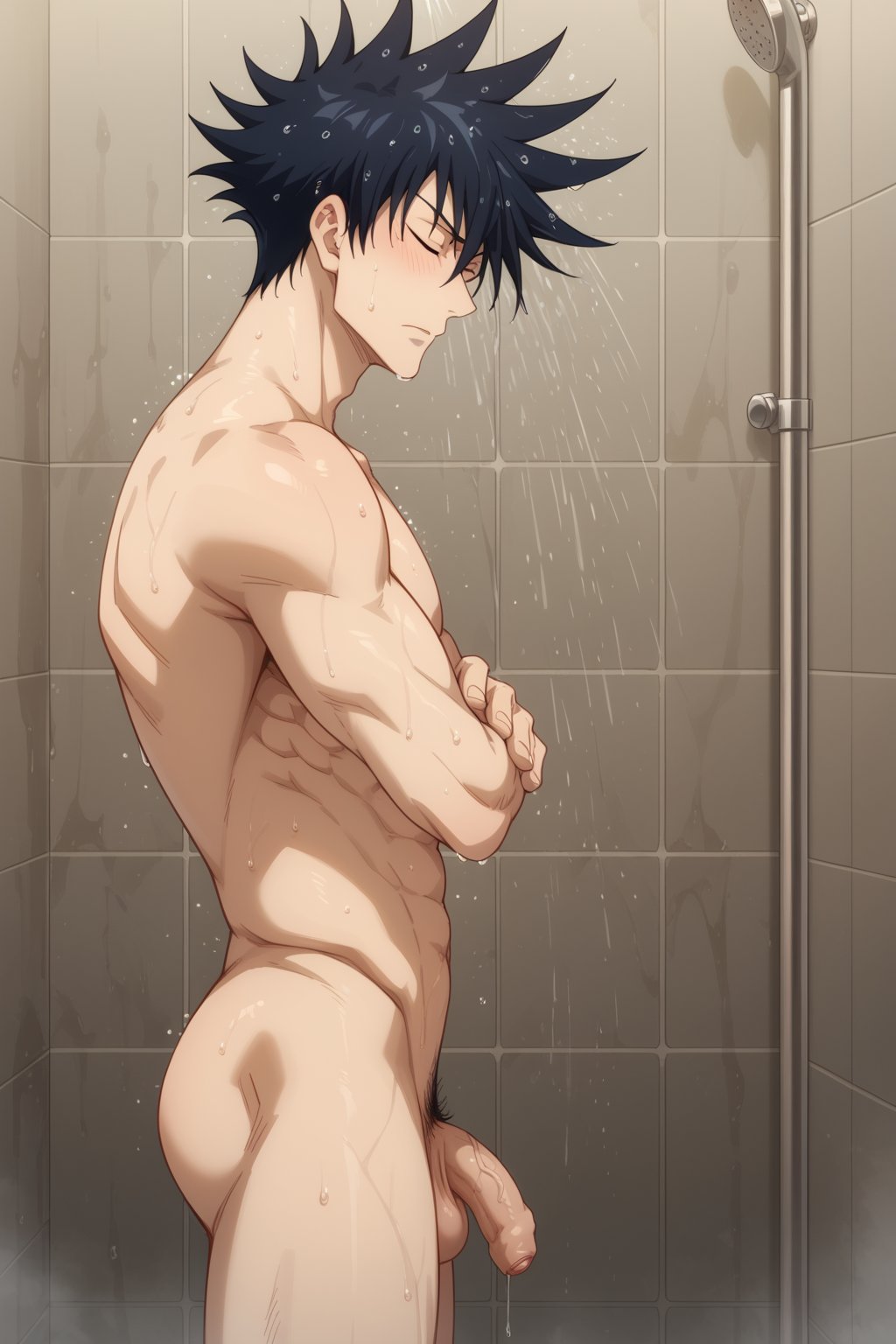 1boy abs ai_generated another_megumi ass bangs black_hair blush closed_eyes closed_mouth completely_nude cowboy_shot crossed_arms erection flaccid fushiguro_megumi indoors jujutsu_kaisen male_focus male_pubic_hair muscular muscular_male navel nude pectorals penis pubic_hair short_hair shower_(place) shower_head showering solo spiked_hair standing testicles thighs toned toned_male uncensored wet